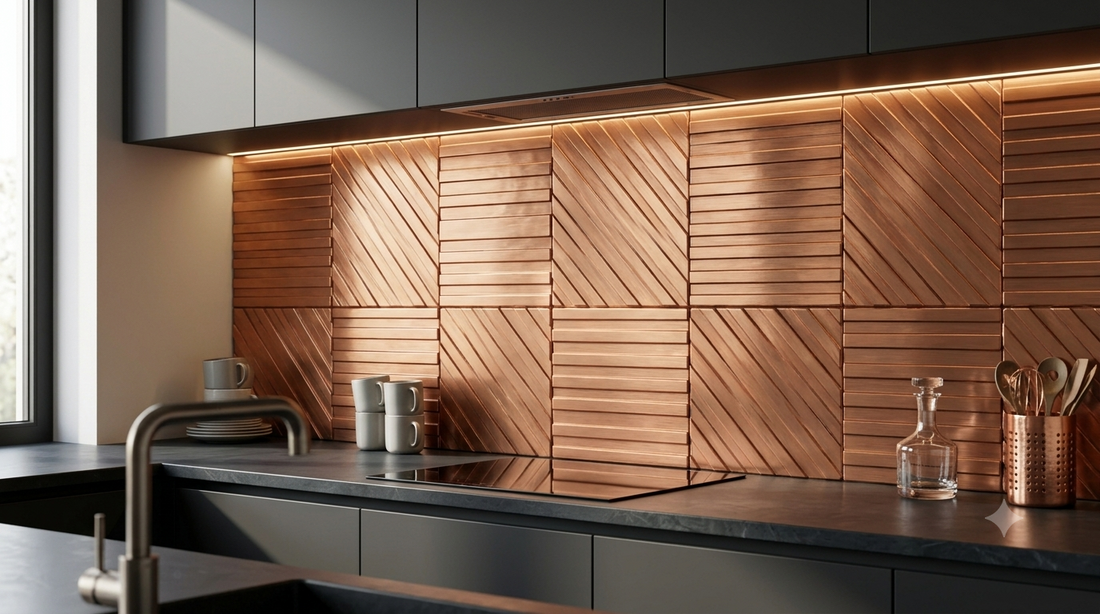 Miedziane płytki metalowe Stripes jako backsplash w nowoczesnej kuchni z grafitowymi frontami