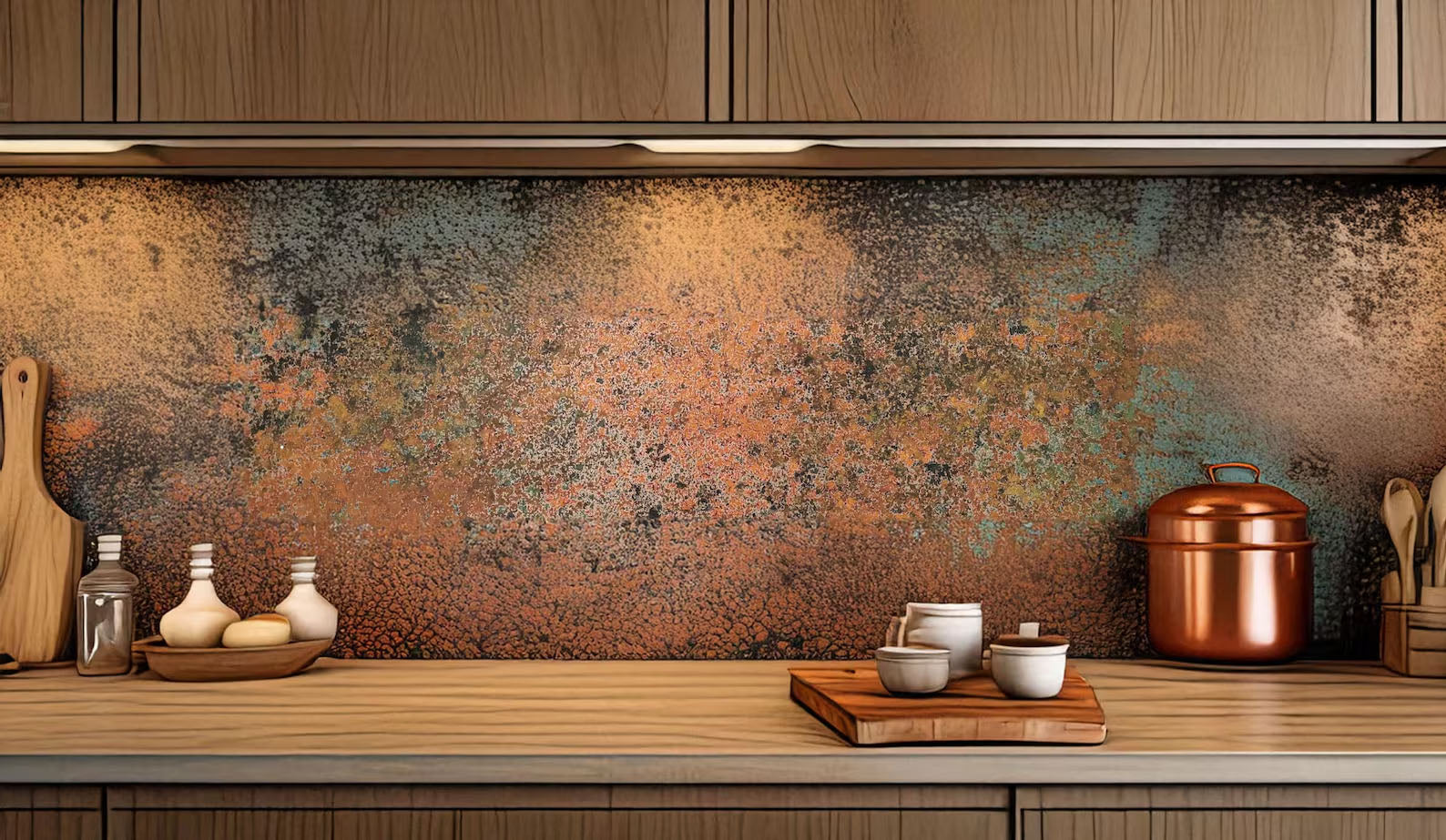 Miedziany panel ścienny Mystic Copper Nebula jako backsplash w kuchni — ręcznie patynowana powierzchnia Copper & Craft
