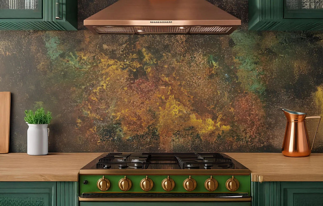 Miedziany panel ścienny Savage Copper Bloom jako ręcznie patynowany backsplash kuchenny