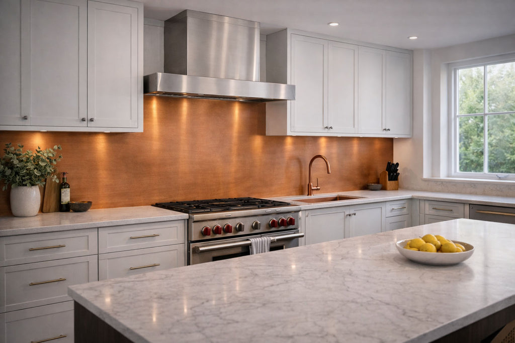 Miedziany backsplash kuchenny Twilight Copper Dust w aranżacji z ciemnymi, eleganckimi meblami.