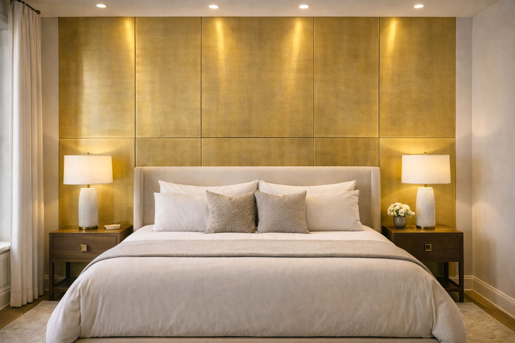 Luksusowa sypialnia z wezgłowiem łóżka na tle ozdobnej ściany z mosiądzu Brushed Brass Shadow.