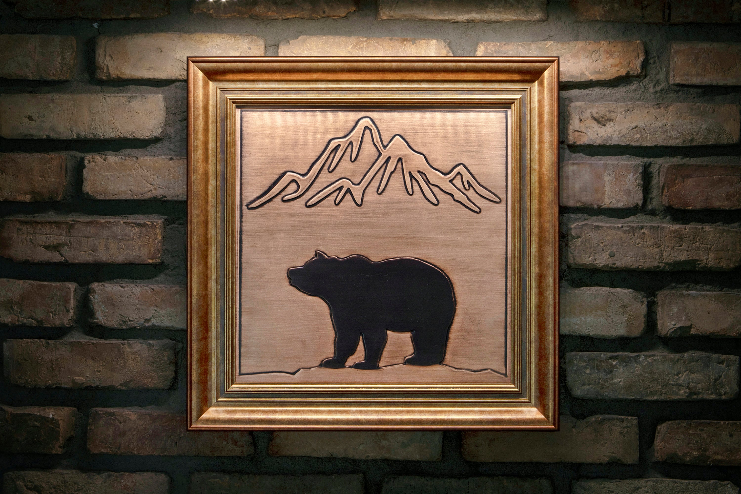 Bear and mountains framed in a beautiful, unique  wooden frame. Handmade - 100% Copper and wood __etsy:2442298960