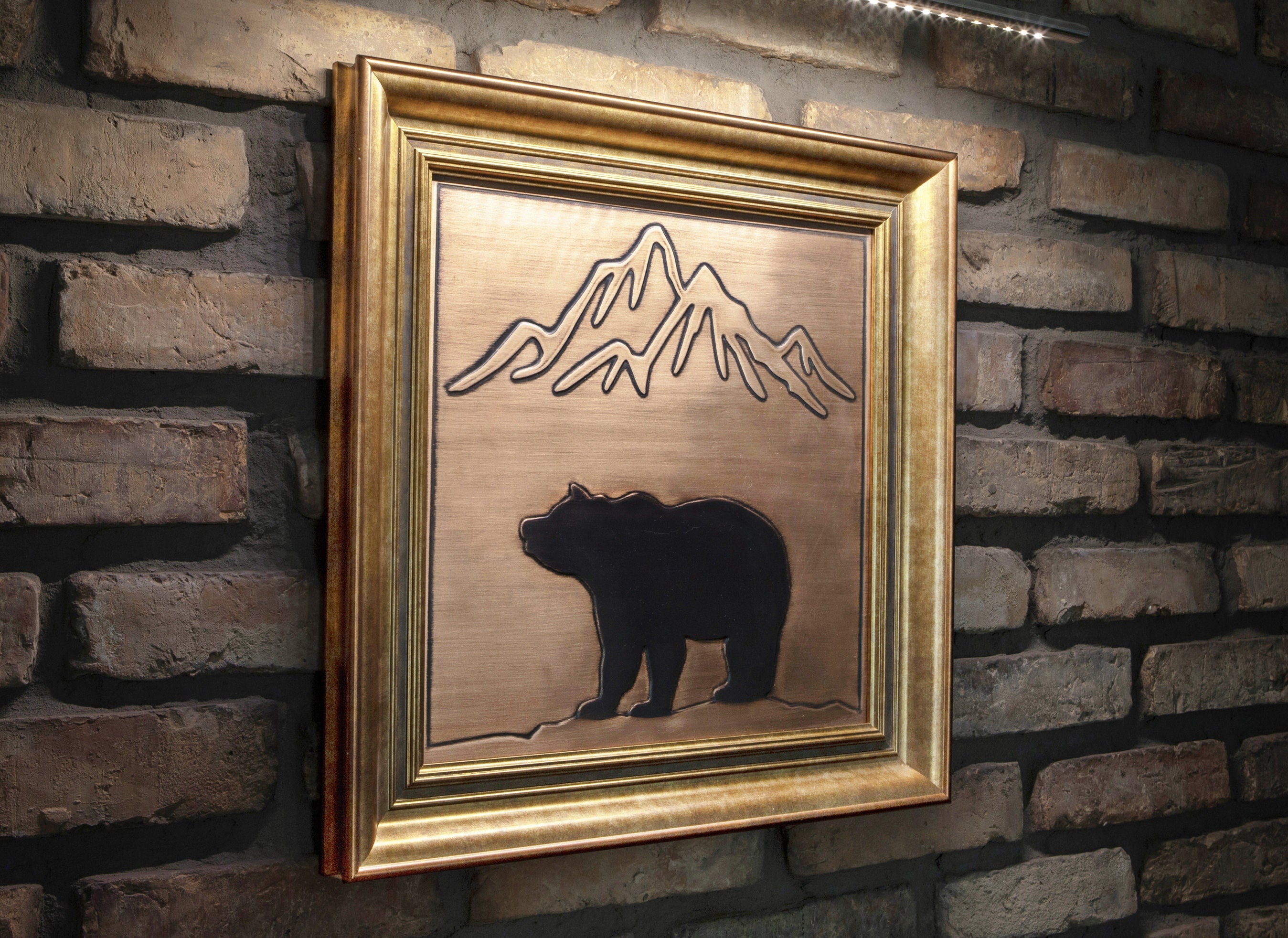 Bear and mountains framed in a beautiful, unique  wooden frame. Handmade - 100% Copper and wood __etsy:2442298536