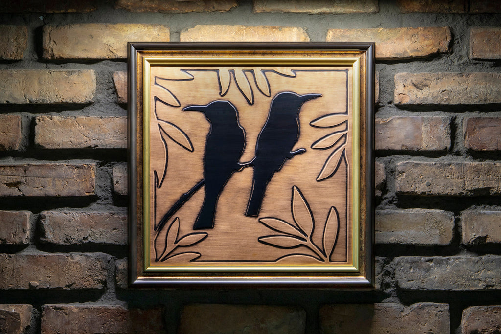 Birds on the branch framed in a beautiful, unique  wooden frame. Handmade - 100% Copper and wood __etsy:2489898887