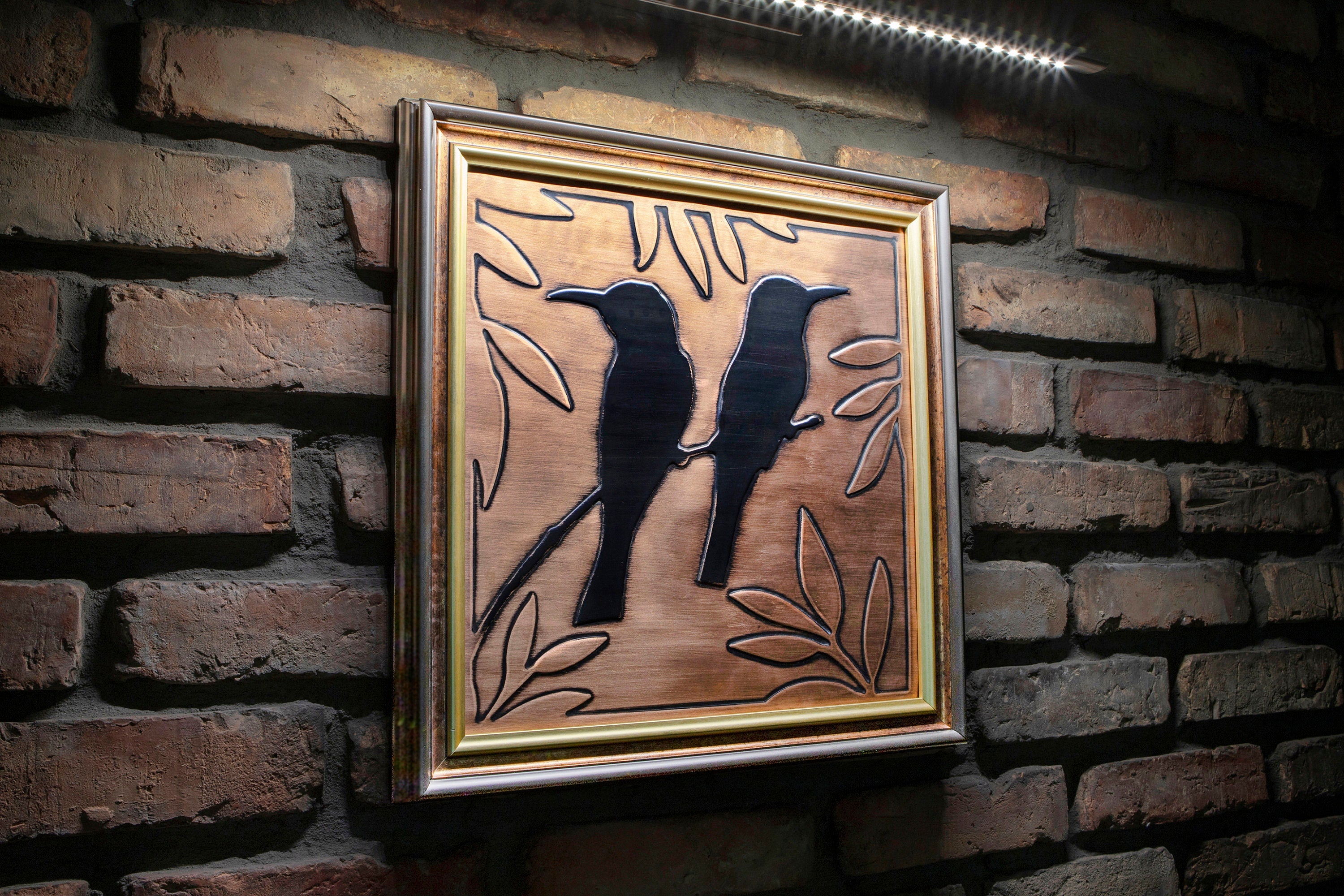Birds on the branch framed in a beautiful, unique  wooden frame. Handmade - 100% Copper and wood __etsy:2489898267