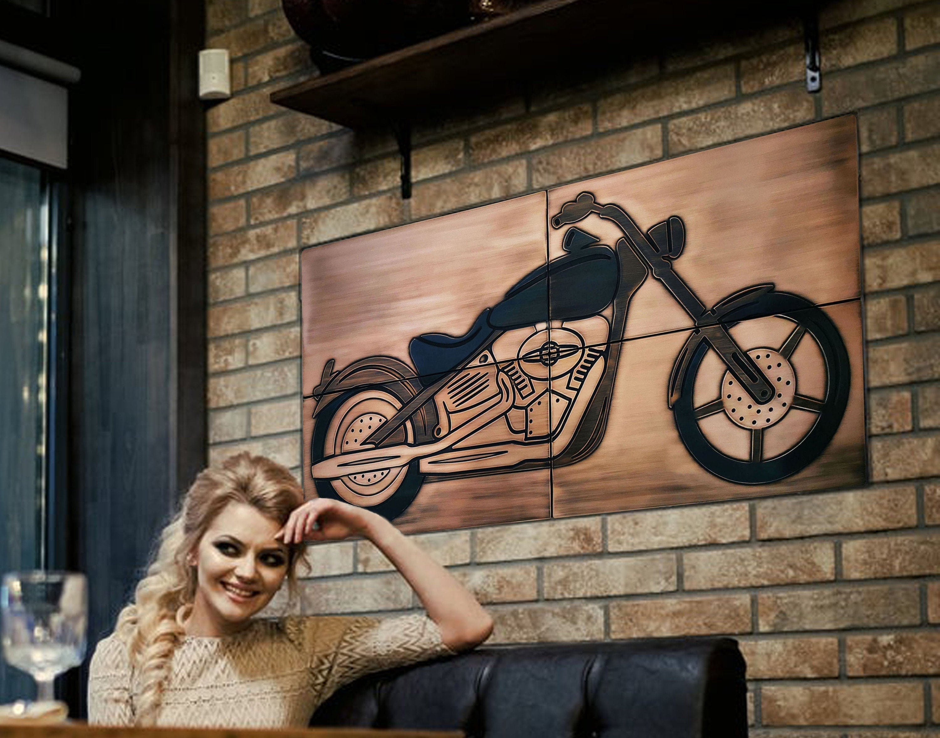 Klasyczny Motocykl - Zestaw 4 Kafli – ręcznie robiony panel dekoracyjny z metalu