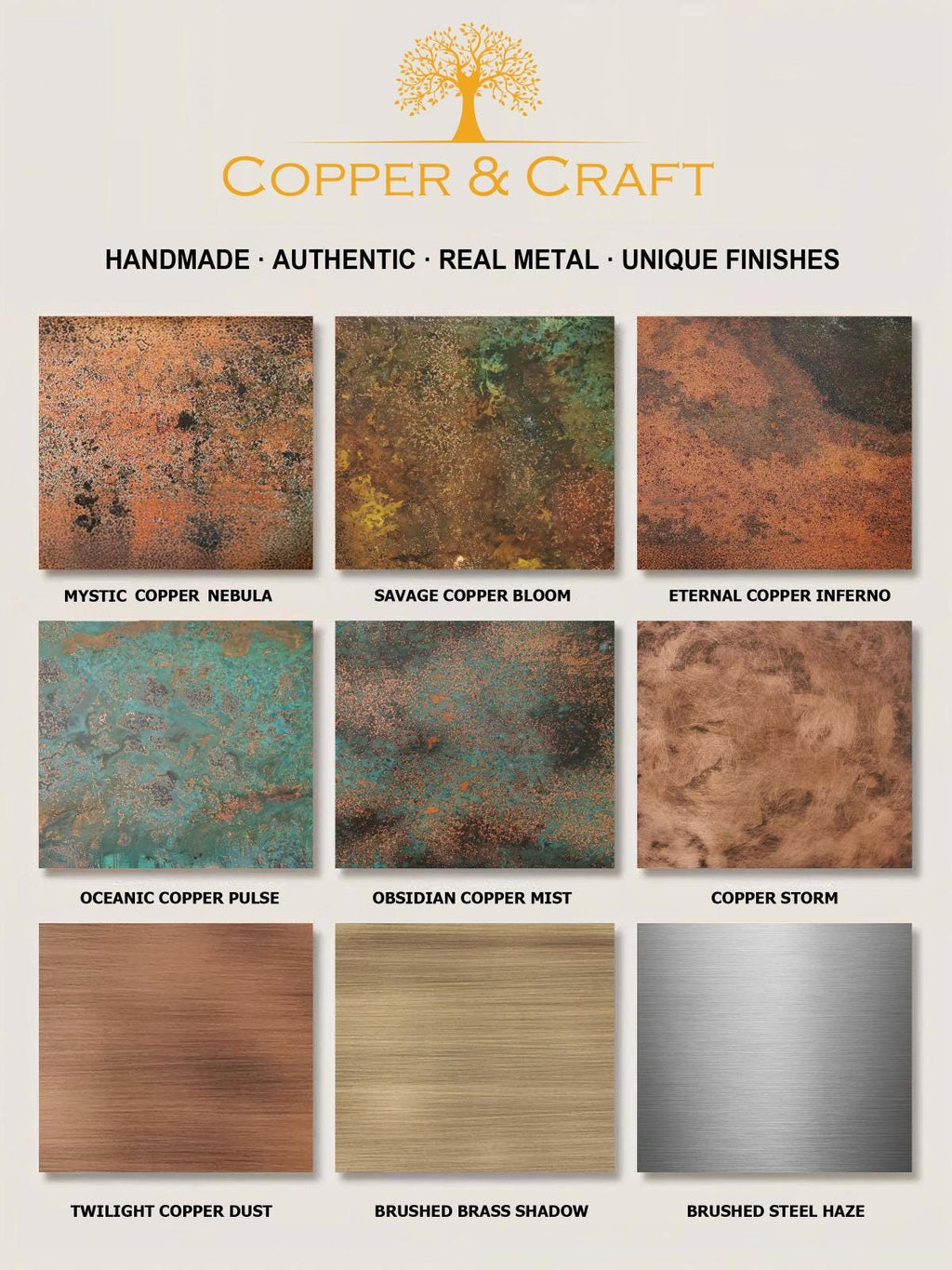 Próbki kolorów paneli Copper & Craft z miedzi, mosiądzu i stali nierdzewnej