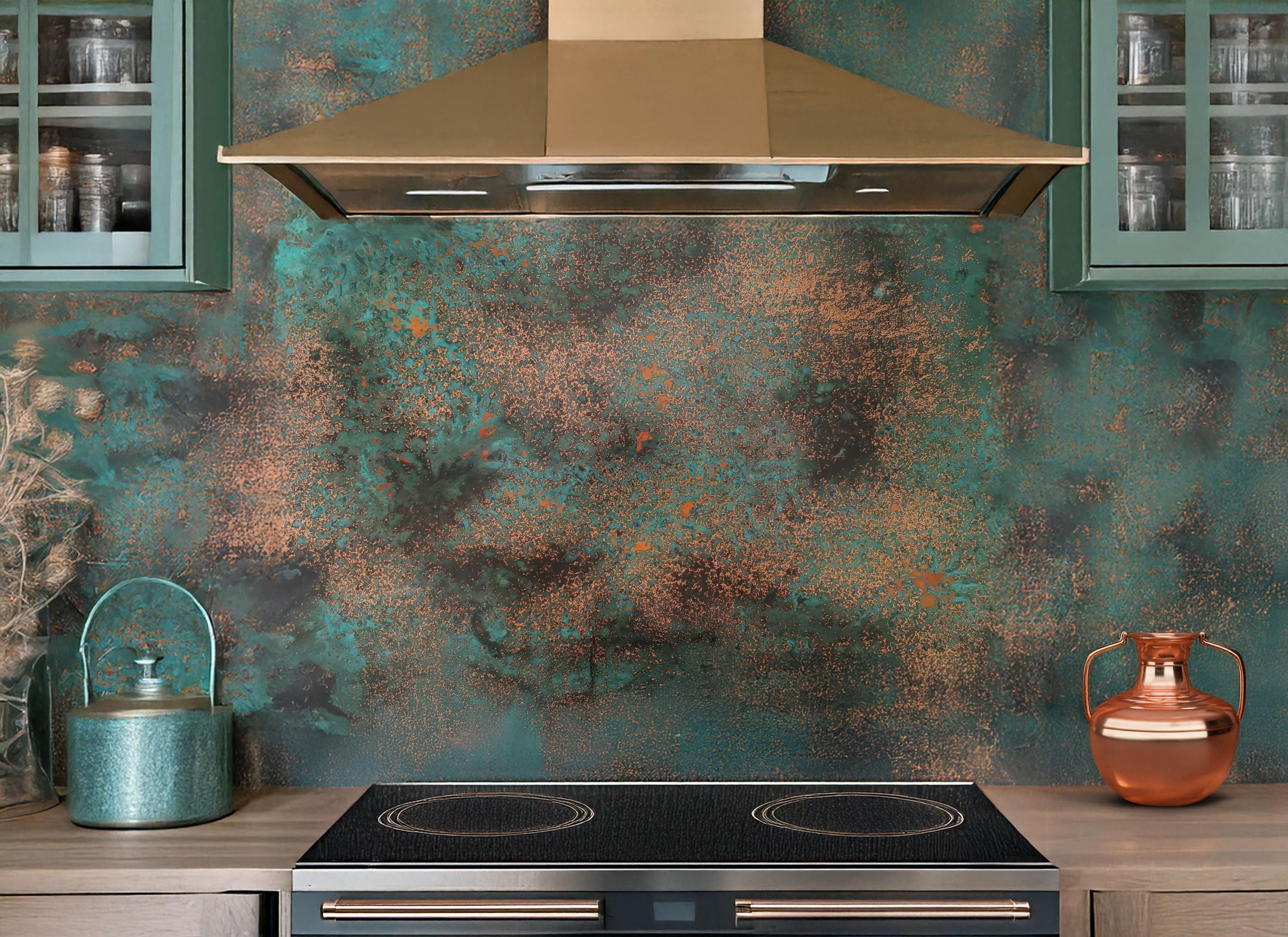 Panel kuchenny z prawdziwej miedzi Obsidian Copper Mist z turkusową patyną