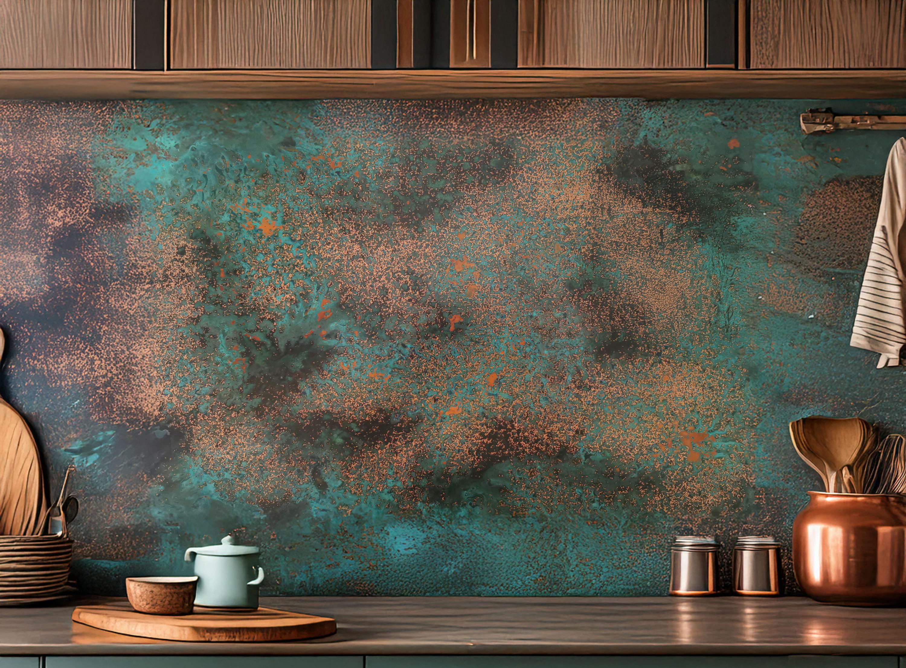 Copper Backsplash Panel – Obsidian Copper Mist – Handmade Metal Wall Art – Modern Rustic Patina Decor – Kitchen, Bar & Living Room Accent