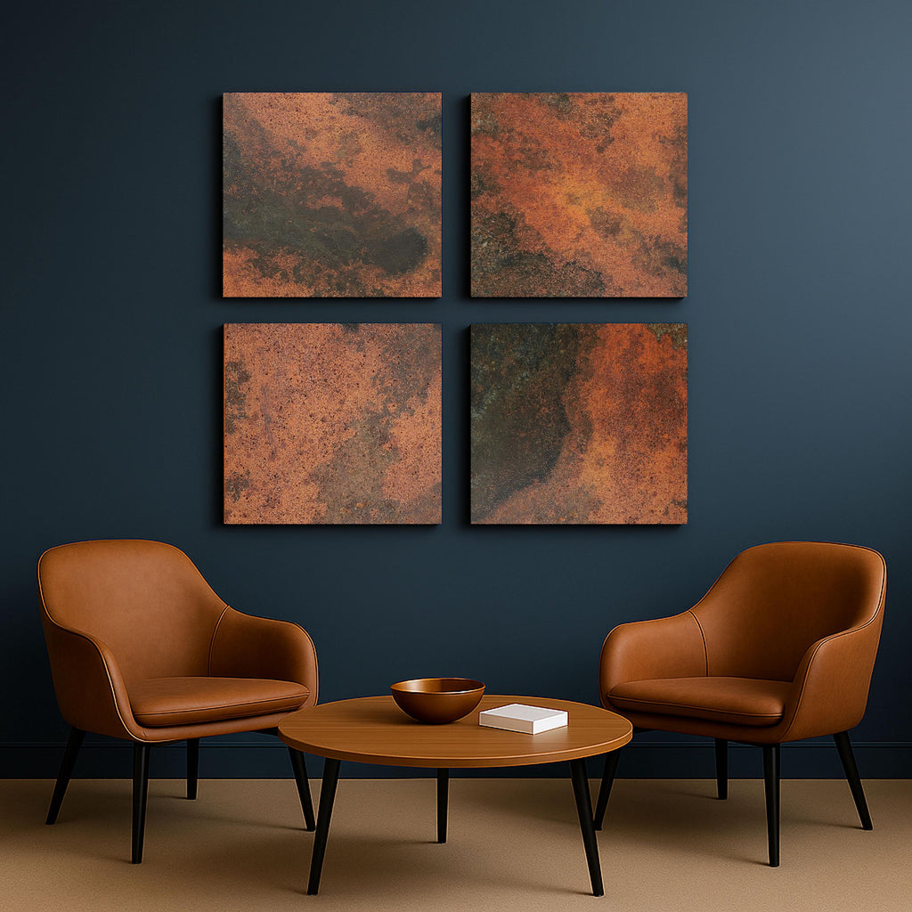 Metalowy obraz ścienny Eternal Copper Inferno z ognistą patyną w salonie