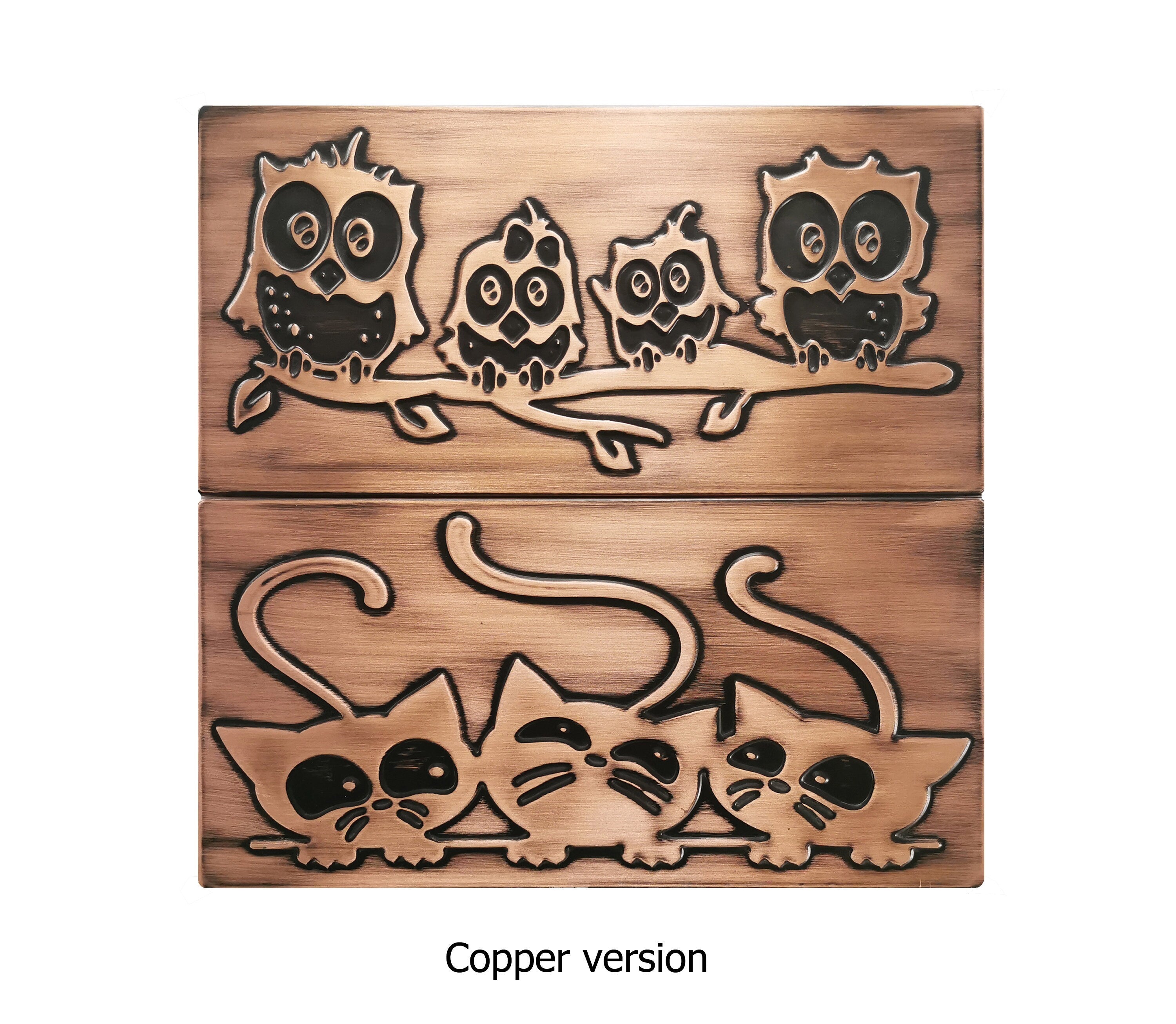 Rodzina Sów na Gałęzi i Koty - Zestaw 2 Płytek – metalowy dekor ścienny nad kuchenką