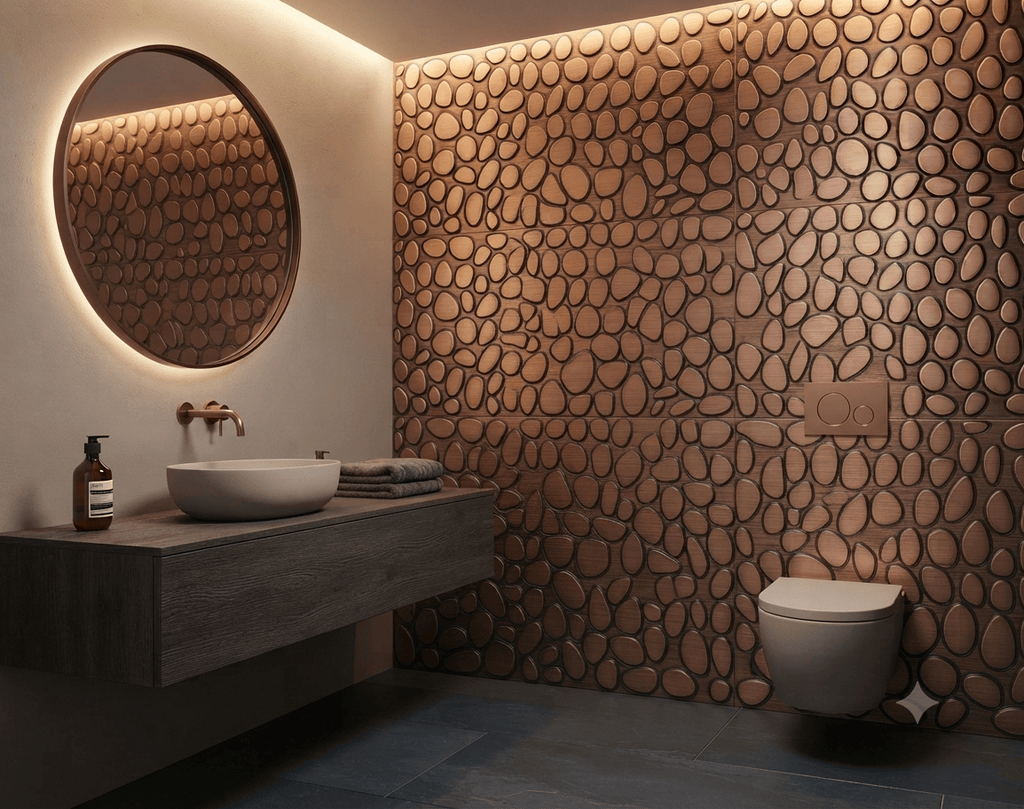 Riverstone – miedziany panel ścienny 3D o wzorze rzecznych kamieni nad umywalką w eleganckiej łazience