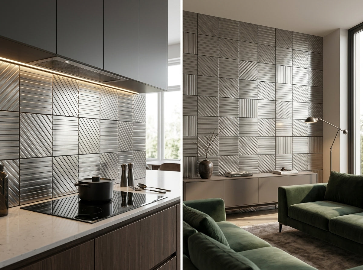 Stalowe płytki metalowe Stripes jako backsplash za płytą grzewczą w kuchni oraz na ścianie akcentowej w salonie