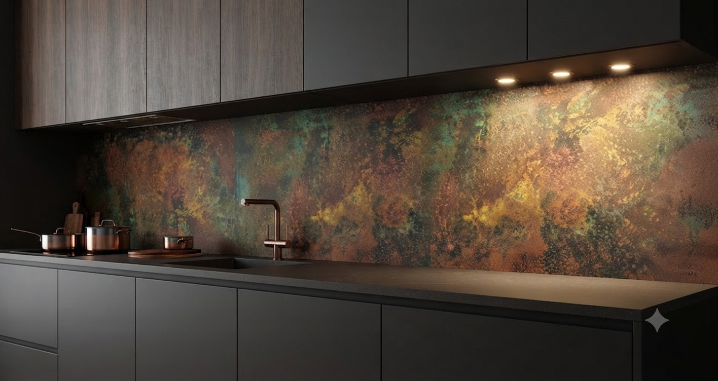 Panel ścienny z prawdziwej miedzi jako backsplash w nowoczesnej kuchni