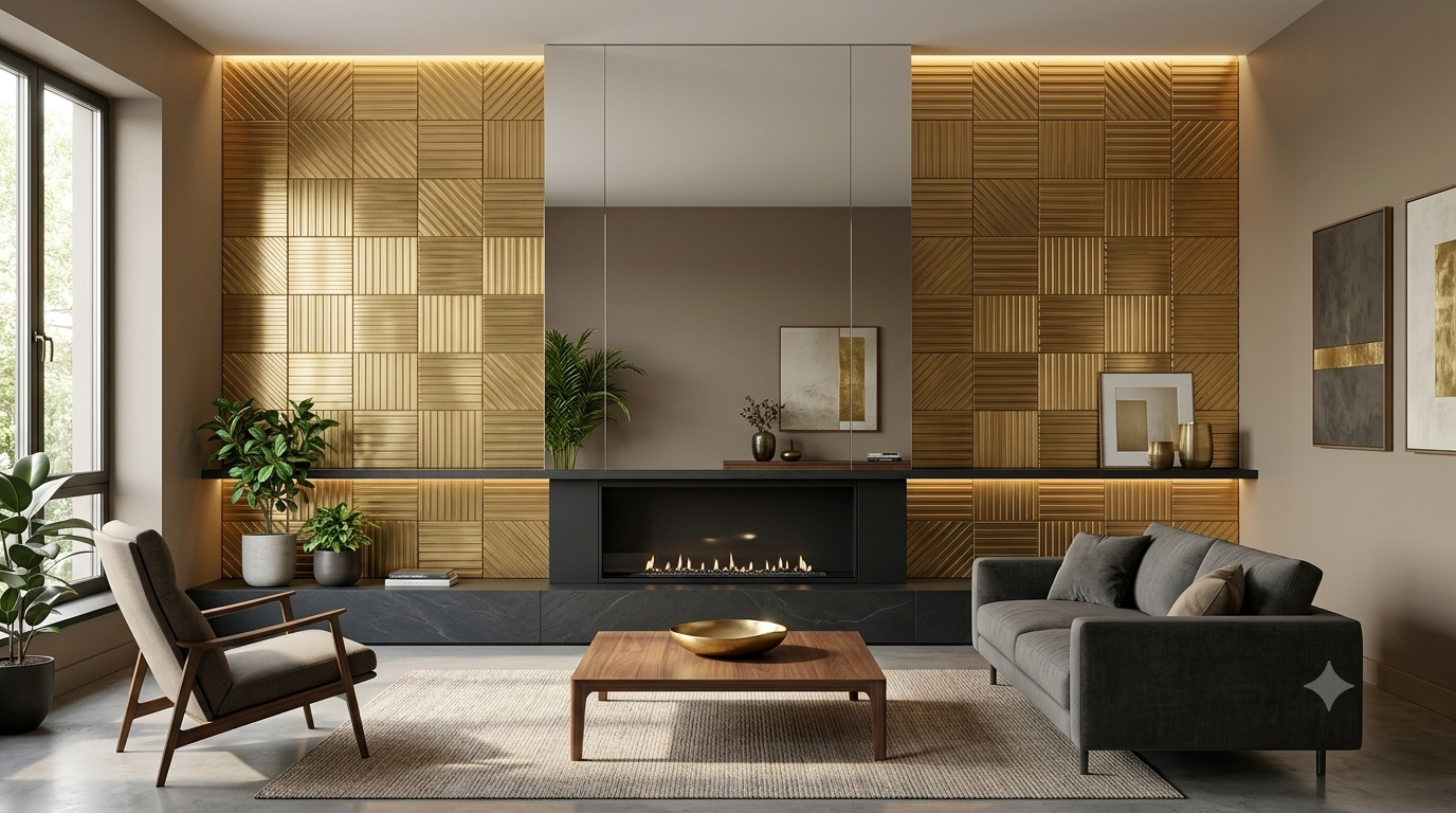 Mosiężne płytki dekoracyjne Stripes wokół nowoczesnego kominka w eleganckim salonie
