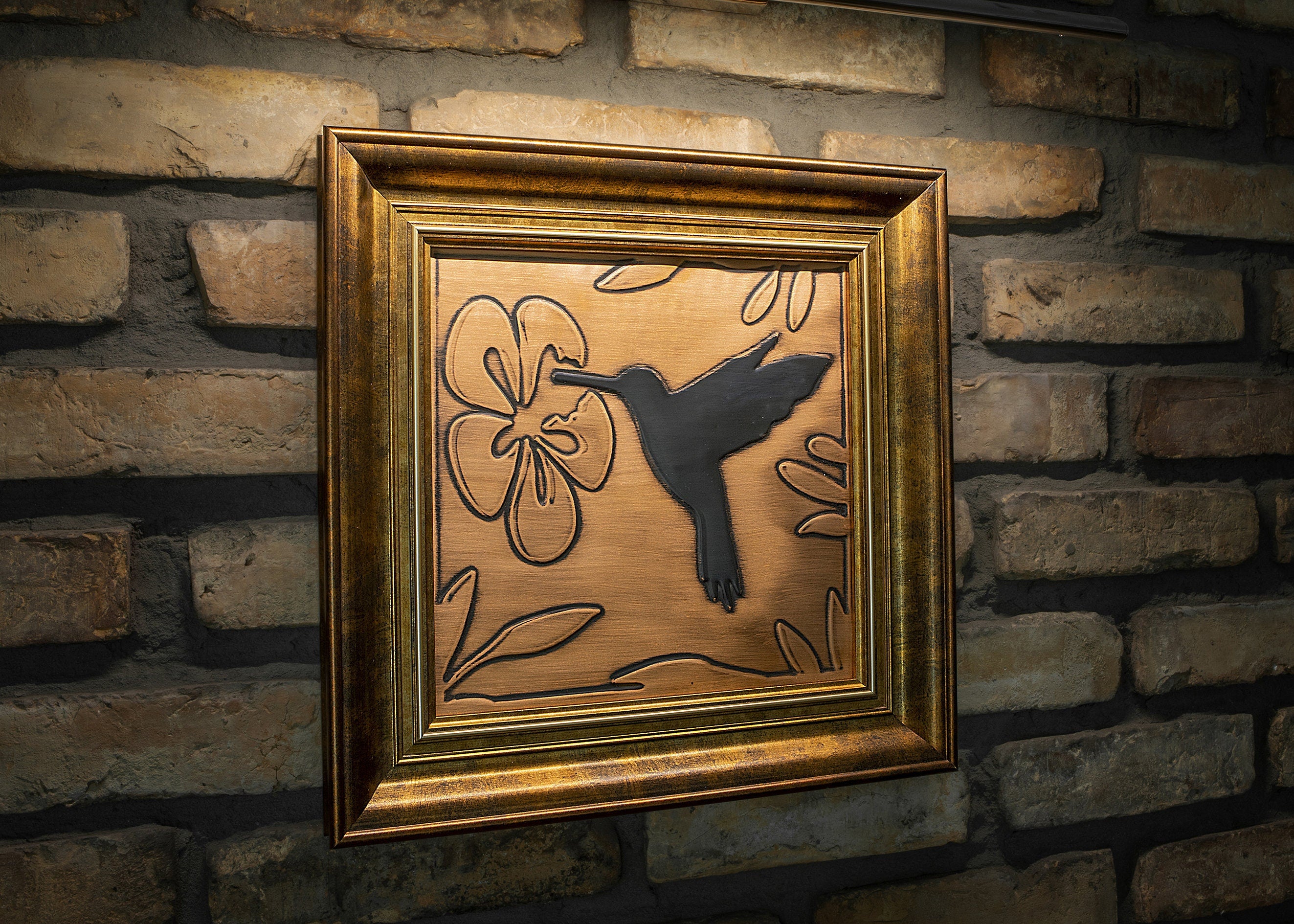 Hummingbird in a beautiful, unique wooden frame. Handmade, 100% Copper __etsy:2488323029