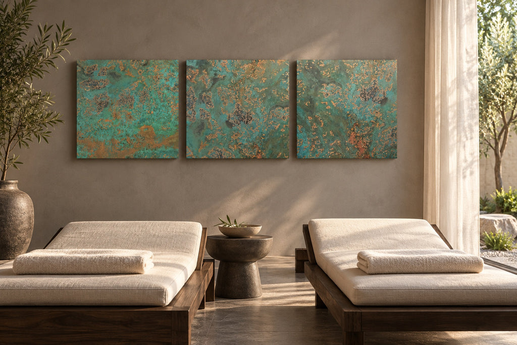Turkusowy tryptyk z miedzi Oceanic Copper Pulse nad leżankami w strefie relaksu spa