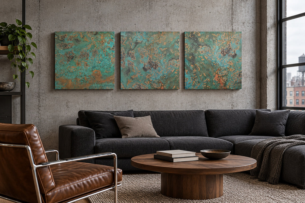 Turkusowe panele miedziane z patyną Oceanic Copper Pulse na betonowej ścianie nad grafitową sofą w lofcie