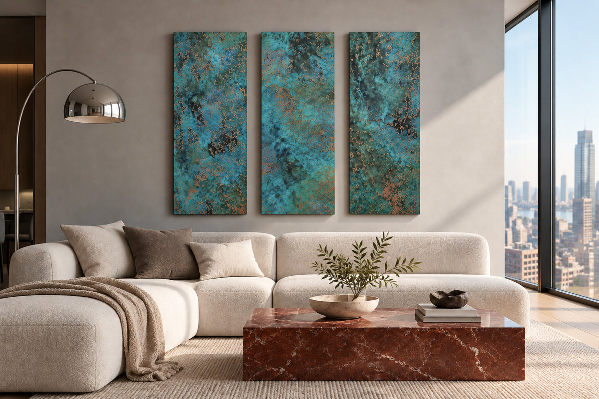 Oceanic Copper Pulse – 3 pionowe panele miedziane z turkusową patyną w apartamencie w wieżowcu nad kremową sofą i stolikiem z czerwonego marmuru