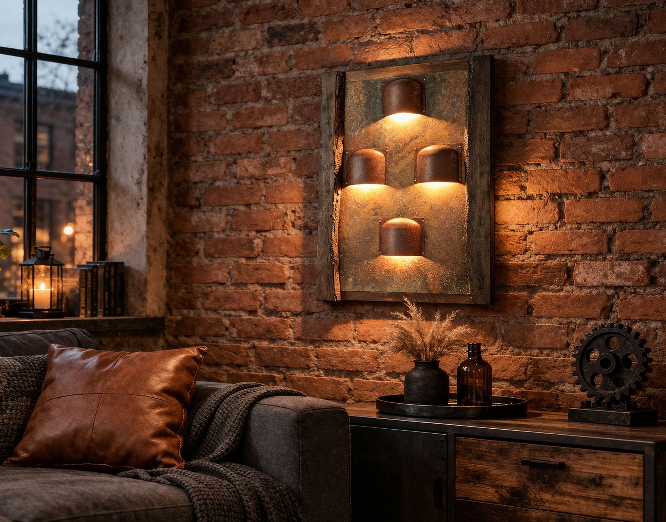 artystyczna lampa ścienna z miedzi w loftowym wnętrzu z ceglaną ścianą