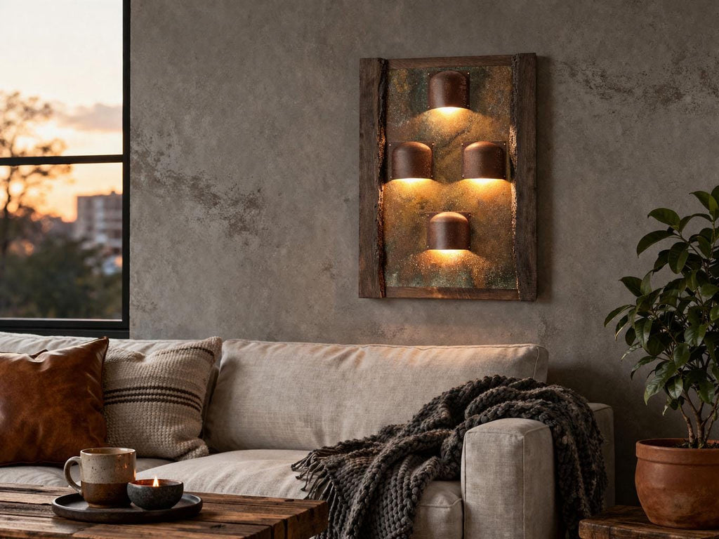 designerska lampa z miedzi i litego dębu w nowoczesnym wnętrzu