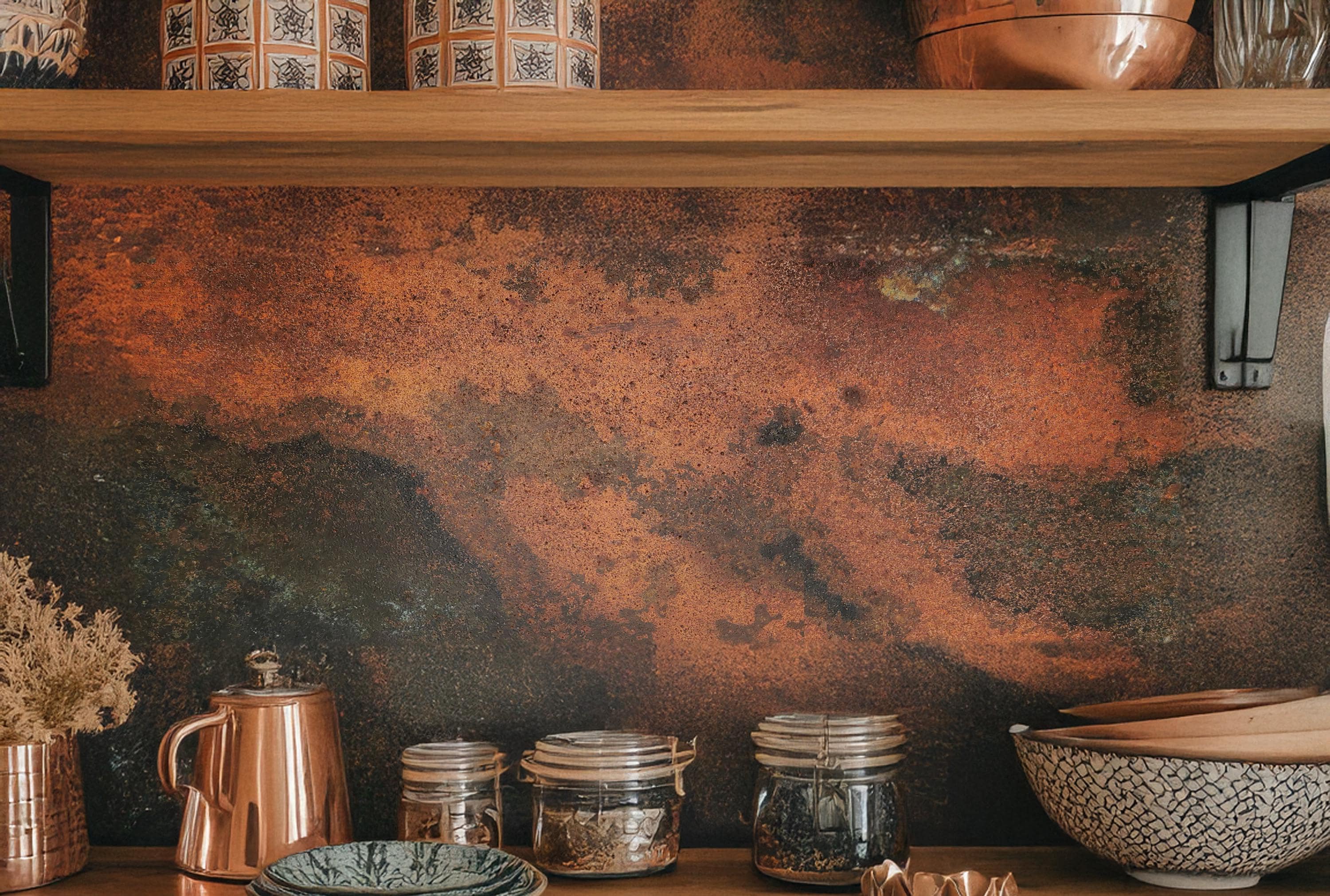 Real Copper Backsplash Panel – Handmade Metal Wall Art for Kitchen – Rustic Patina Finish – Eternal Copper Inferno – Artisan Accent Panel