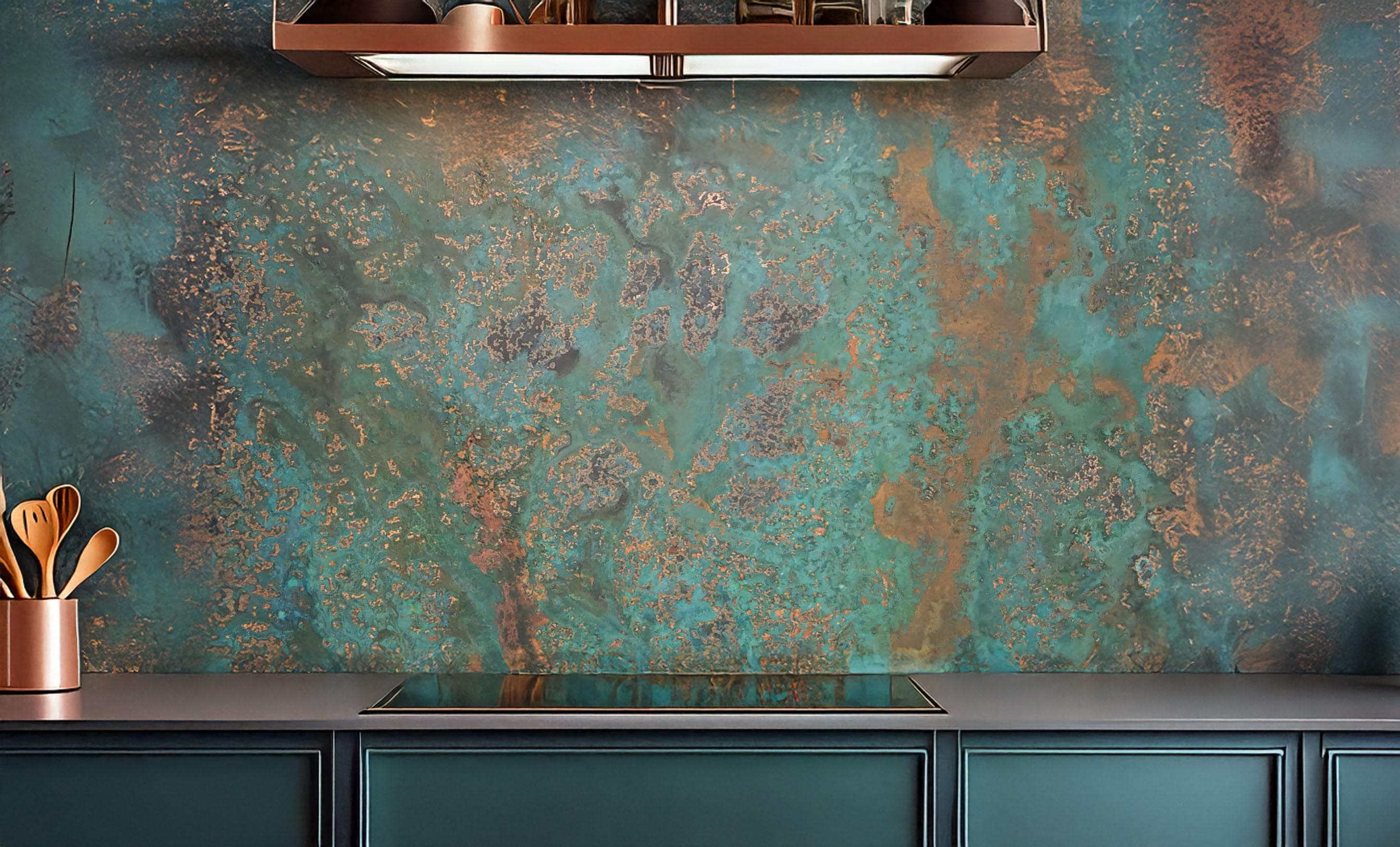 Dekoracyjny panel miedziany do kuchni Oceanic Copper Pulse w aranżacji quiet luxury.