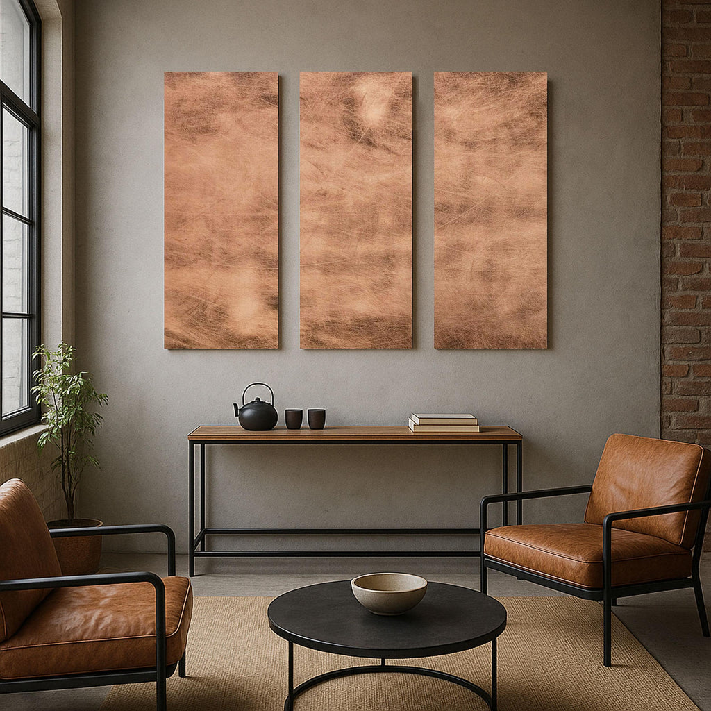Trzy pionowe panele z miedzi Copper Storm Patina w nowoczesnym salonie