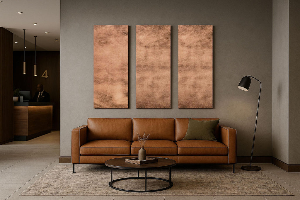 Ręcznie patynowany obraz z prawdziwej miedzi Copper Storm Patina nad sofą