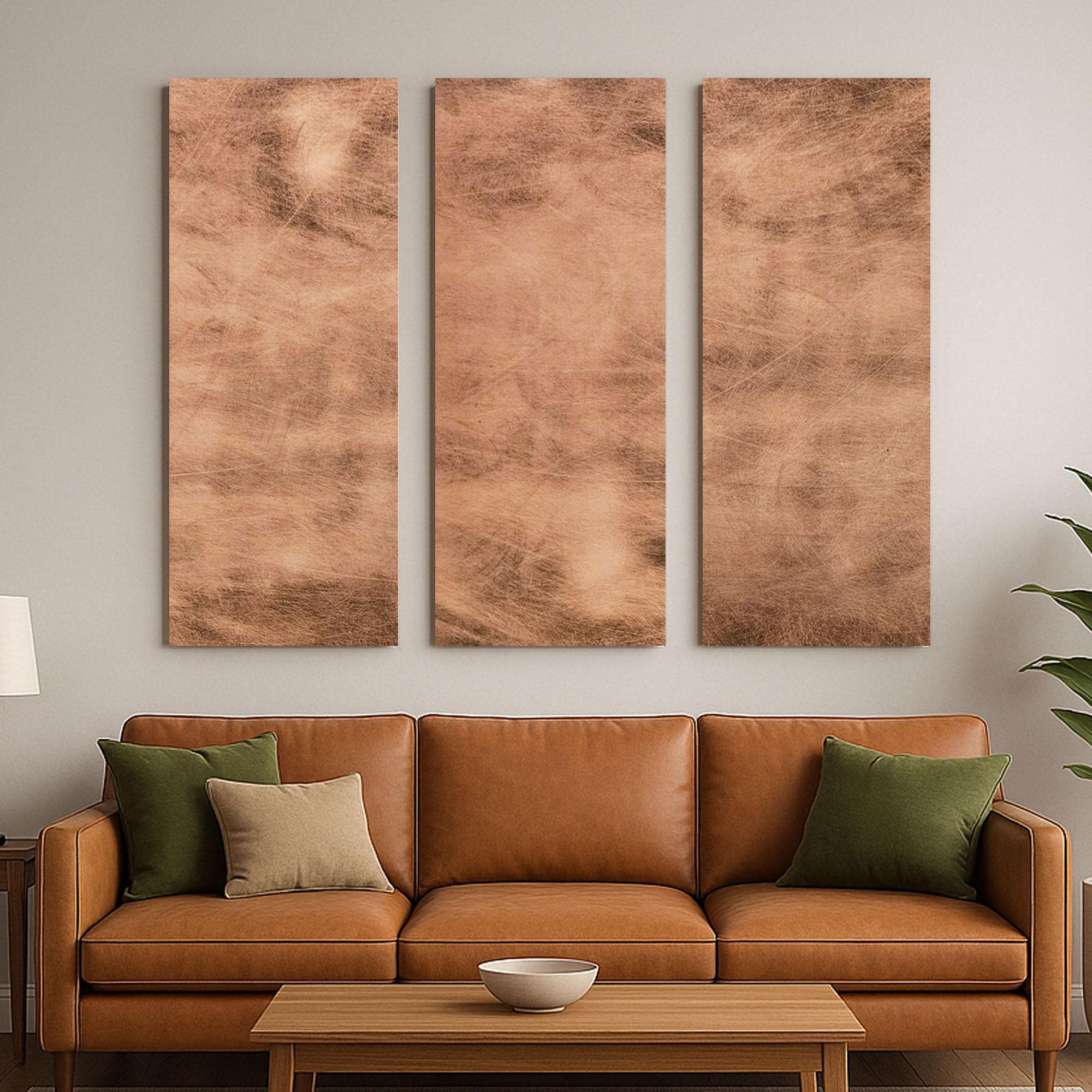 Zestaw 3 paneli z prawdziwej miedzi Copper Storm Patina w jasnym salonie