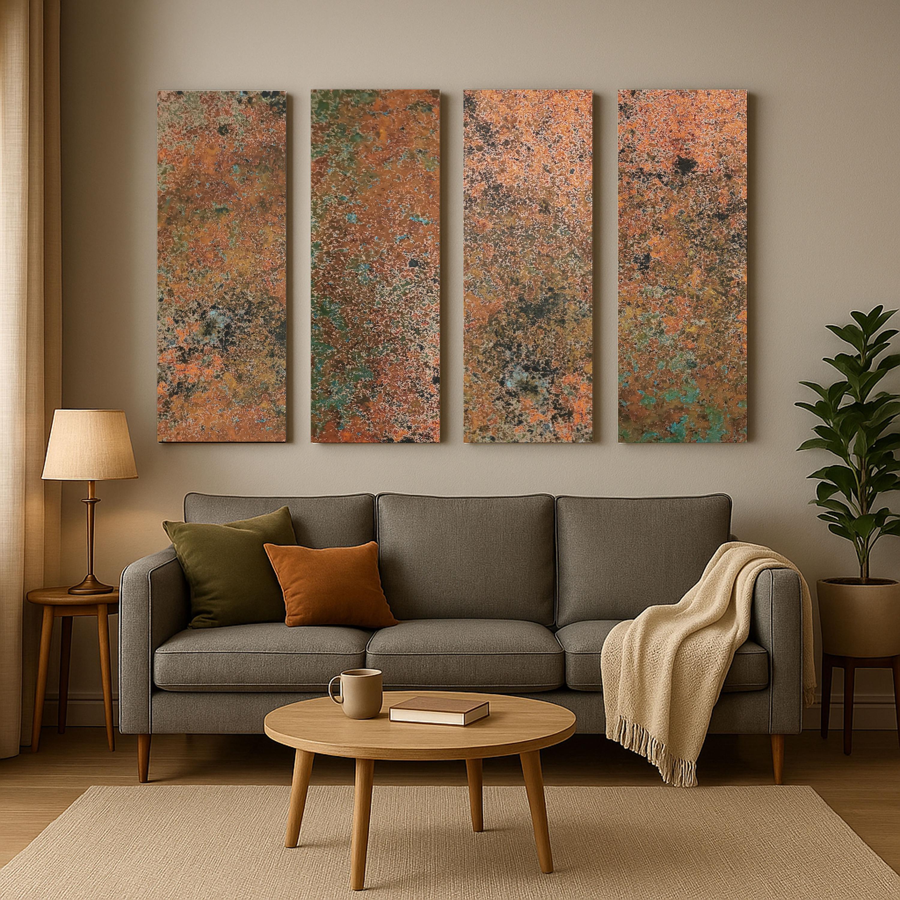 Real Copper Wall Art – 4 Panel Metal Artwork – Mystic Copper Nebula – Abstract Oxidized Patina – Handmade Rustic Home Decor