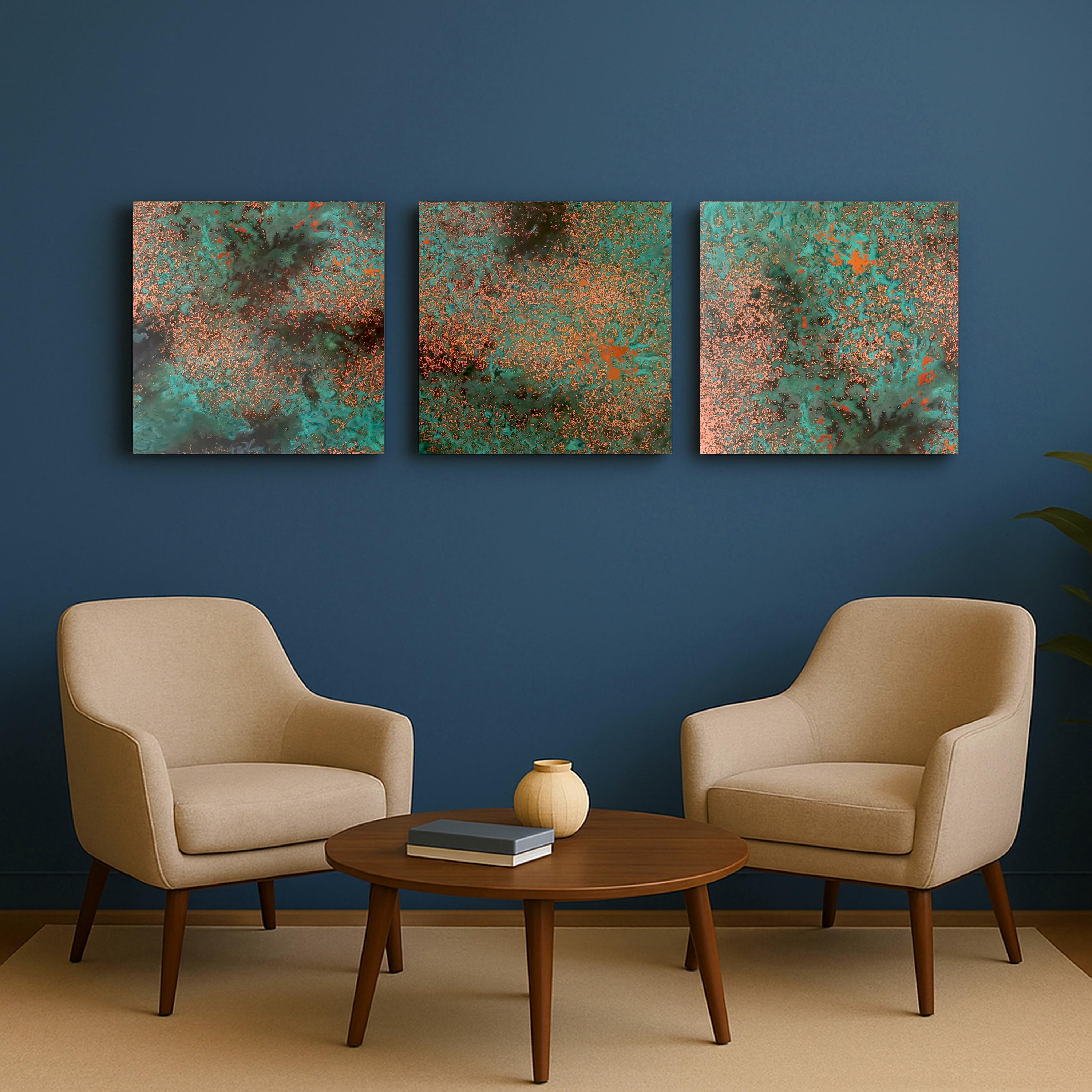 Real Copper Wall Art – 3 Panel Metal Artwork – Obsidian Copper Mist – Handcrafted Patina Decor – Dark Modern Triptych Statement Piece