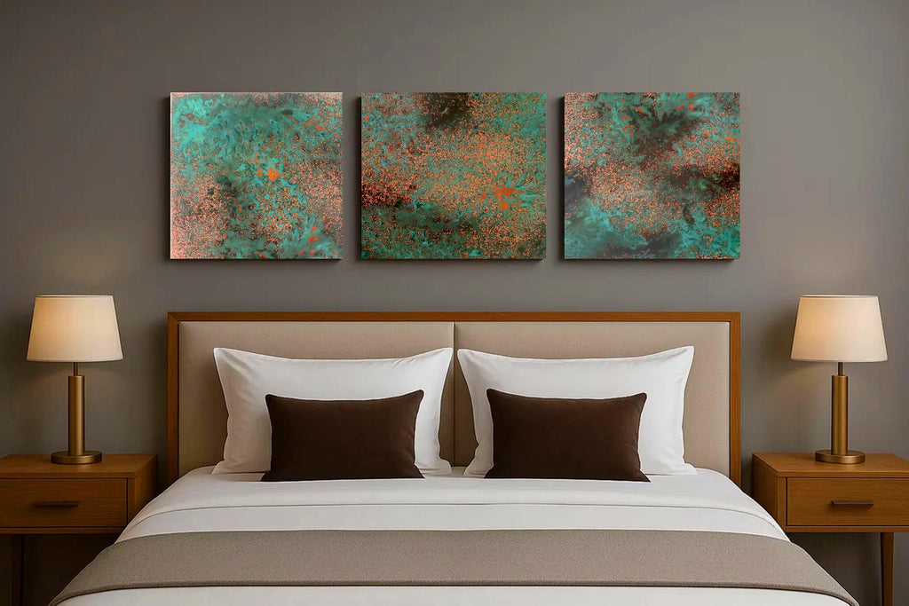 Real Copper Wall Art – 3 Panel Metal Artwork – Obsidian Copper Mist – Handcrafted Patina Decor – Dark Modern Triptych Statement Piece
