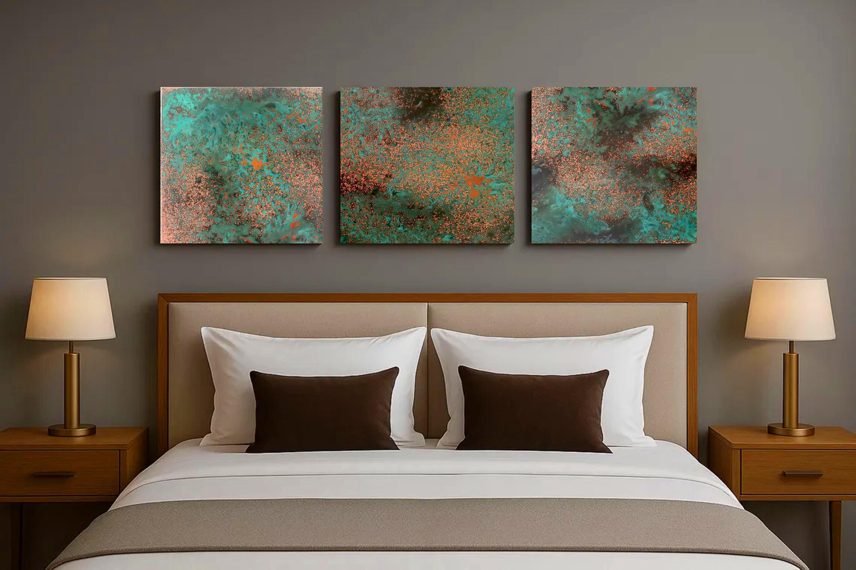 Real Copper Wall Art – 3 Panel Metal Artwork – Obsidian Copper Mist – Handcrafted Patina Decor – Dark Modern Triptych Statement Piece
