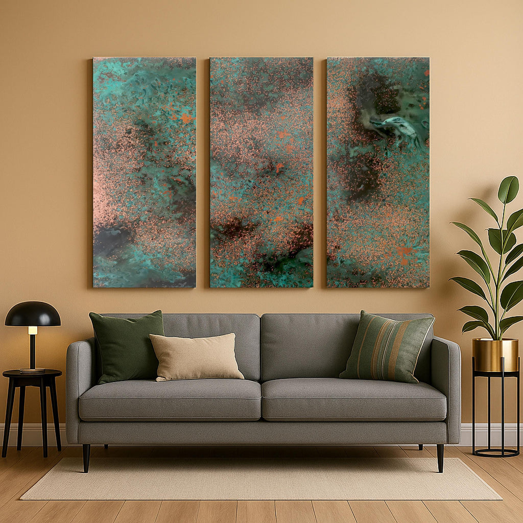 Zestaw 3 paneli z prawdziwej miedzi Obsidian Copper Mist w eleganckim wnętrzu