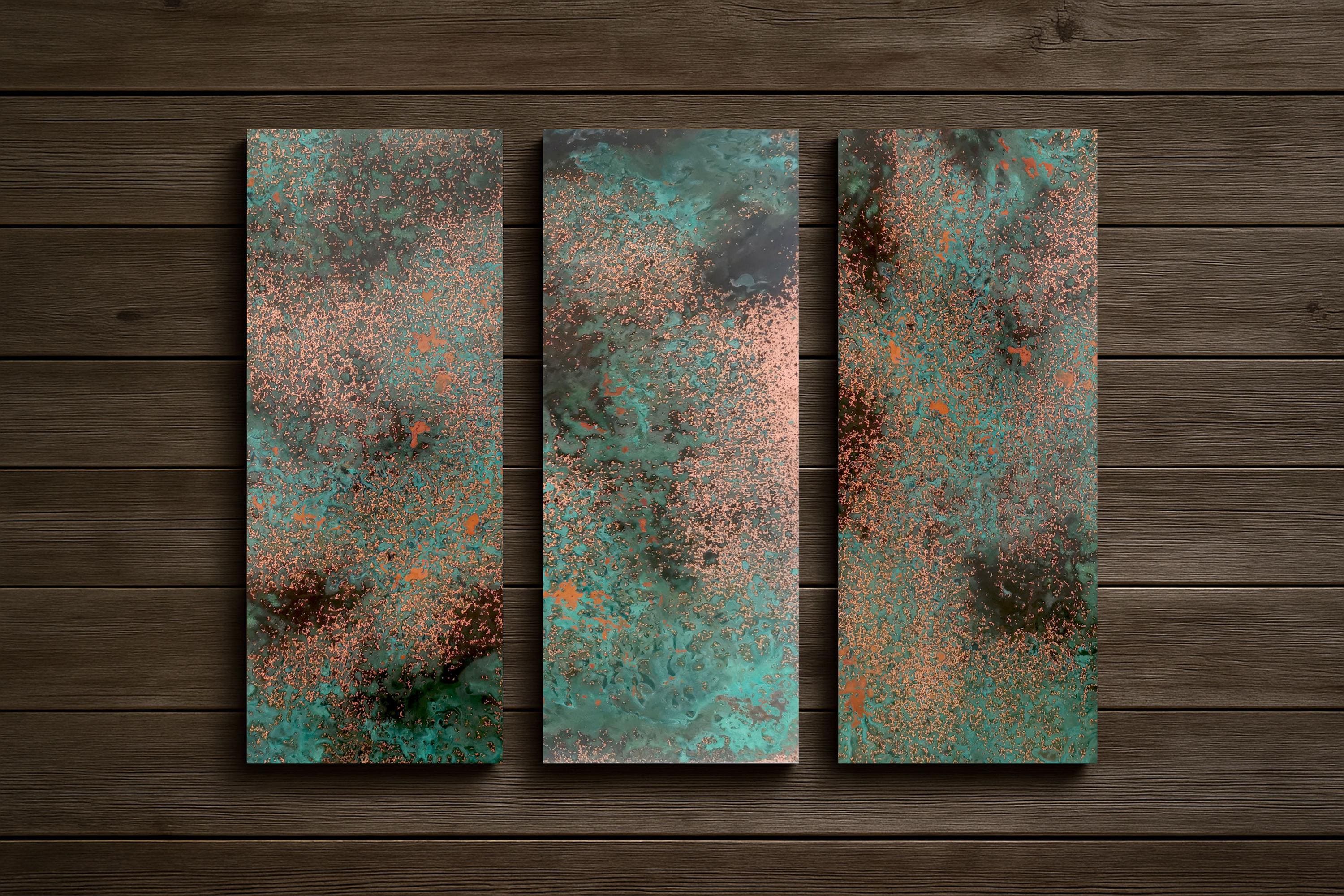 Tryptyk z miedzi Obsidian Copper Mist z turkusową i grafitową patyną