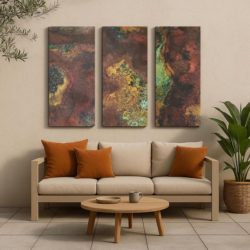 Real Copper Wall Art – 3 Panel Metal Artwork – Savage Copper Bloom – Modern Abstract Triptych – Handmade Rustic Decor