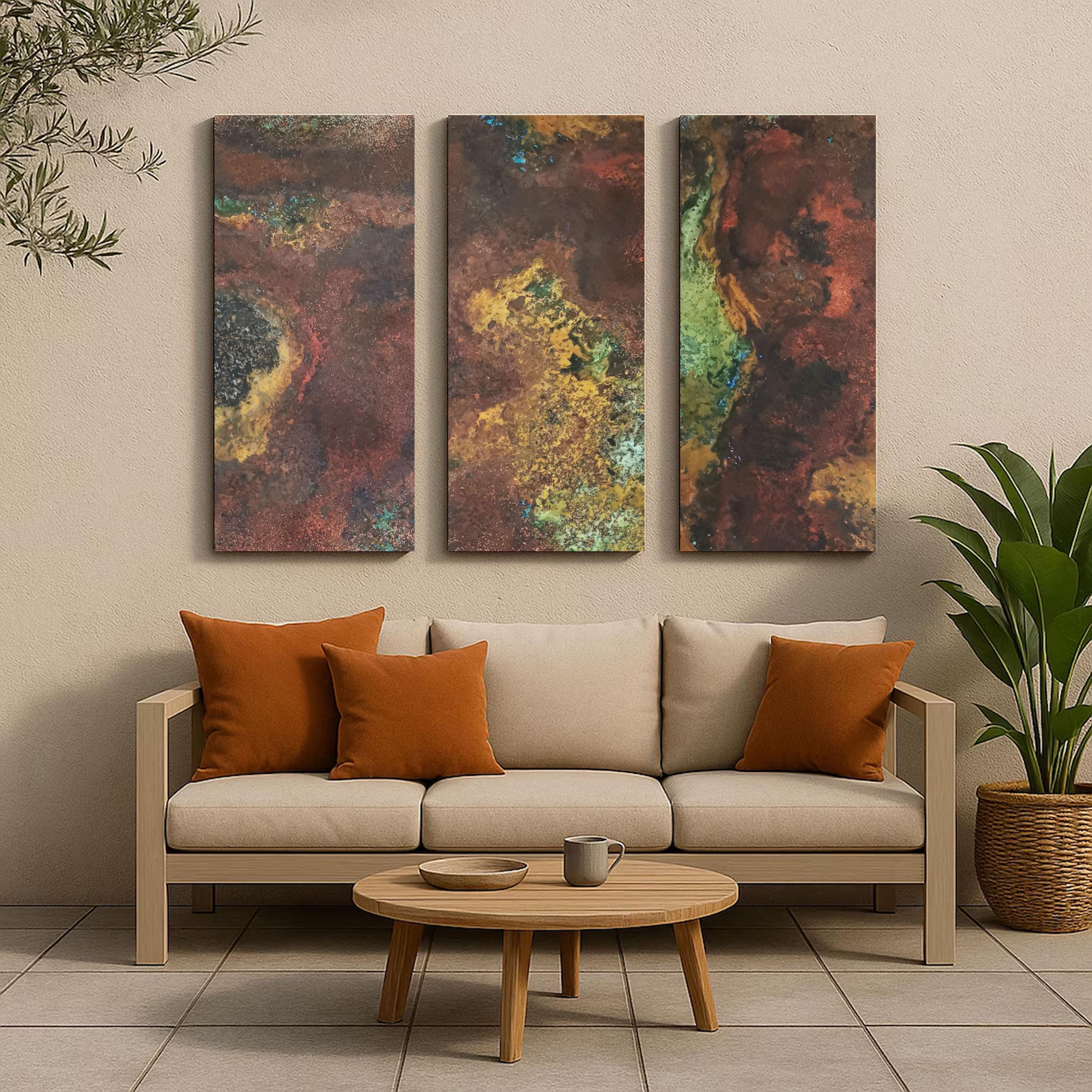 Real Copper Wall Art – 3 Panel Metal Artwork – Savage Copper Bloom – Modern Abstract Triptych – Handmade Rustic Decor