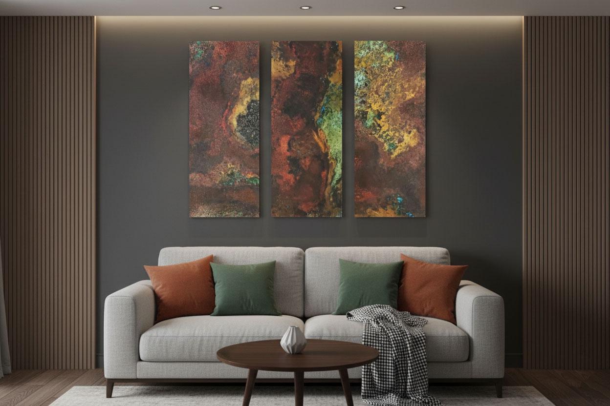 Real Copper Wall Art – 3 Panel Metal Artwork – Savage Copper Bloom – Modern Abstract Triptych – Handmade Rustic Decor