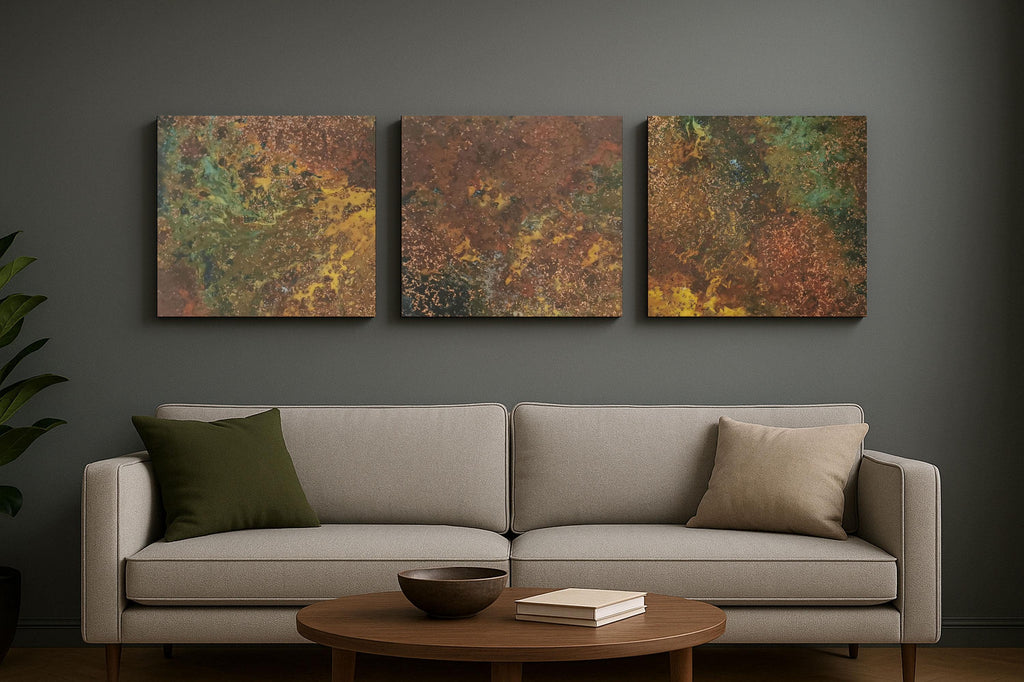 Real Copper Wall Art – 3 Panel Patina Metal Artwork – Savage Copper Bloom – Modern Rustic Statement Decor Wall Hanging