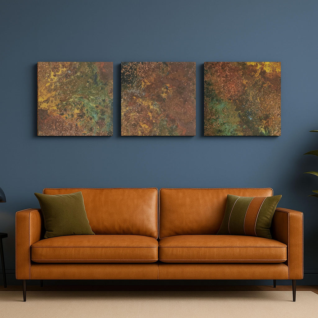 Real Copper Wall Art – 3 Panel Patina Metal Artwork – Savage Copper Bloom – Modern Rustic Statement Decor Wall Hanging