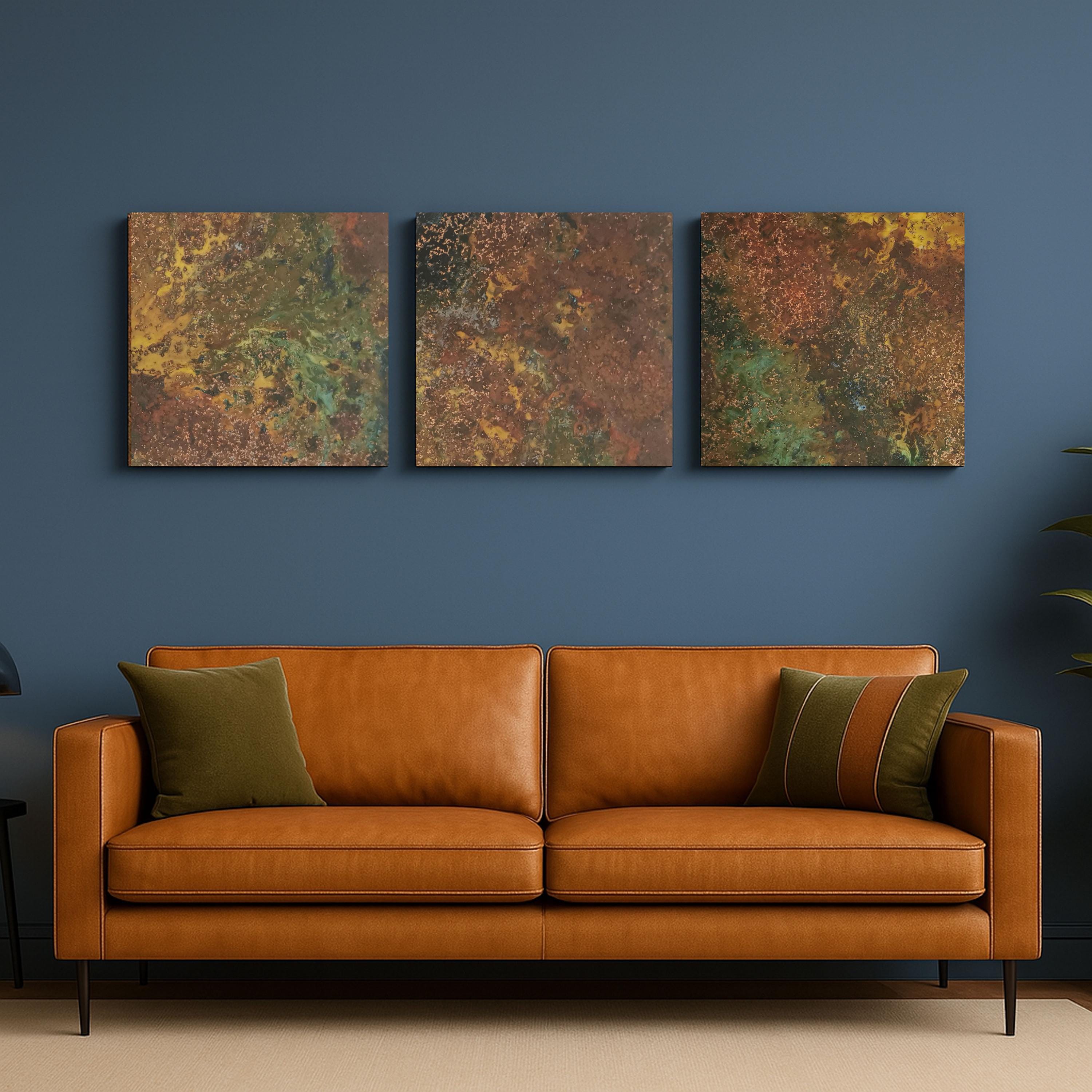 Real Copper Wall Art – 3 Panel Patina Metal Artwork – Savage Copper Bloom – Modern Rustic Statement Decor Wall Hanging