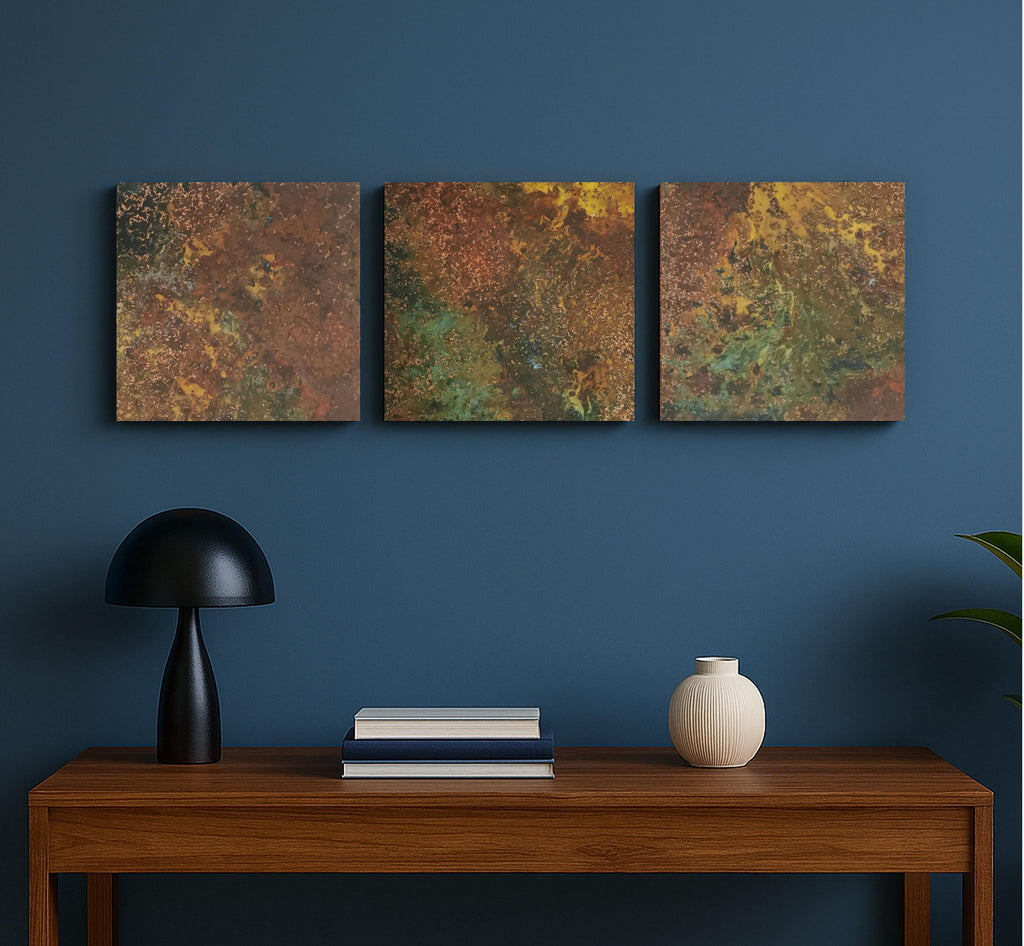 Real Copper Wall Art – 3 Panel Patina Metal Artwork – Savage Copper Bloom – Modern Rustic Statement Decor Wall Hanging