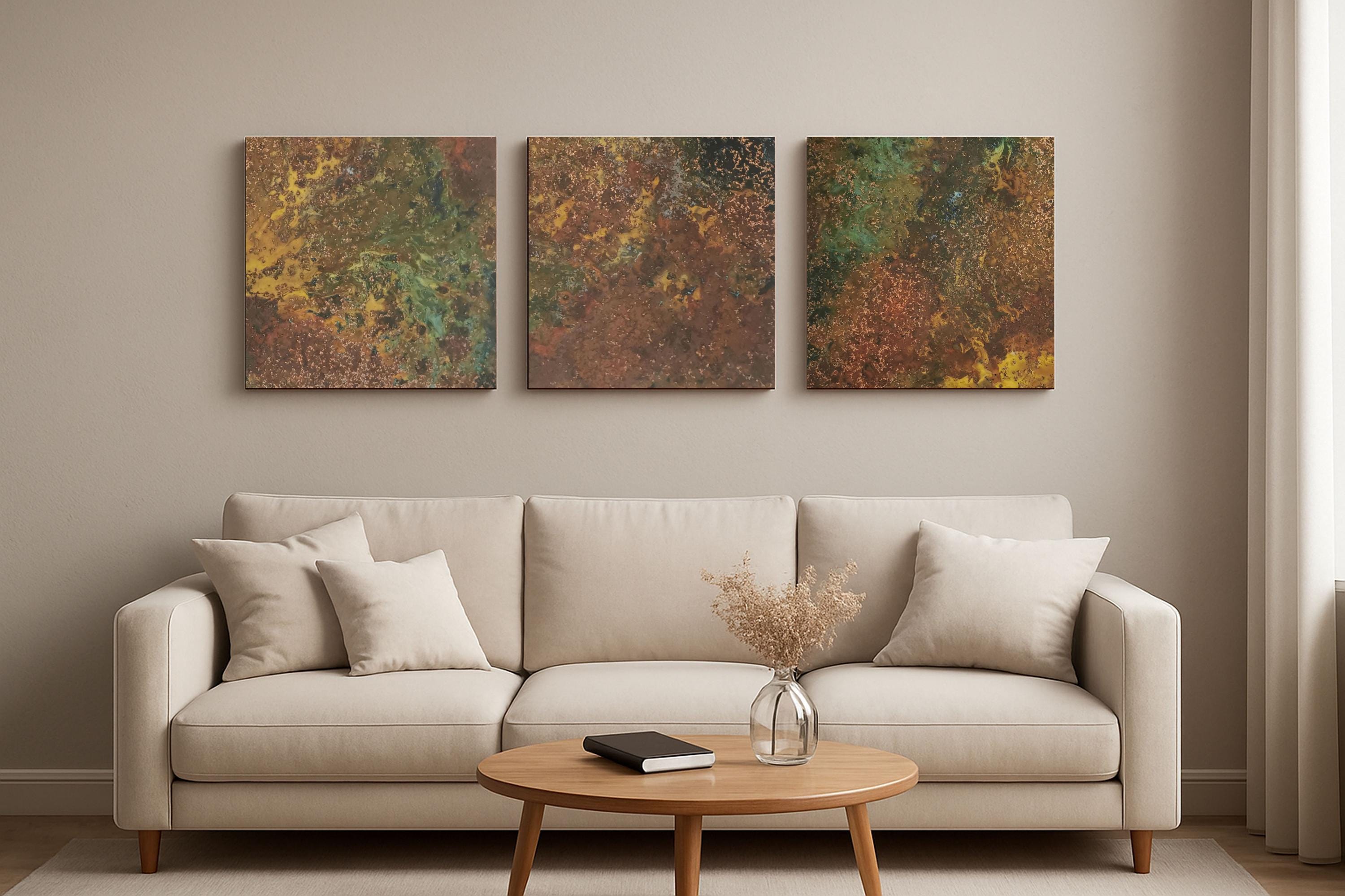 Real Copper Wall Art – 3 Panel Patina Metal Artwork – Savage Copper Bloom – Modern Rustic Statement Decor Wall Hanging
