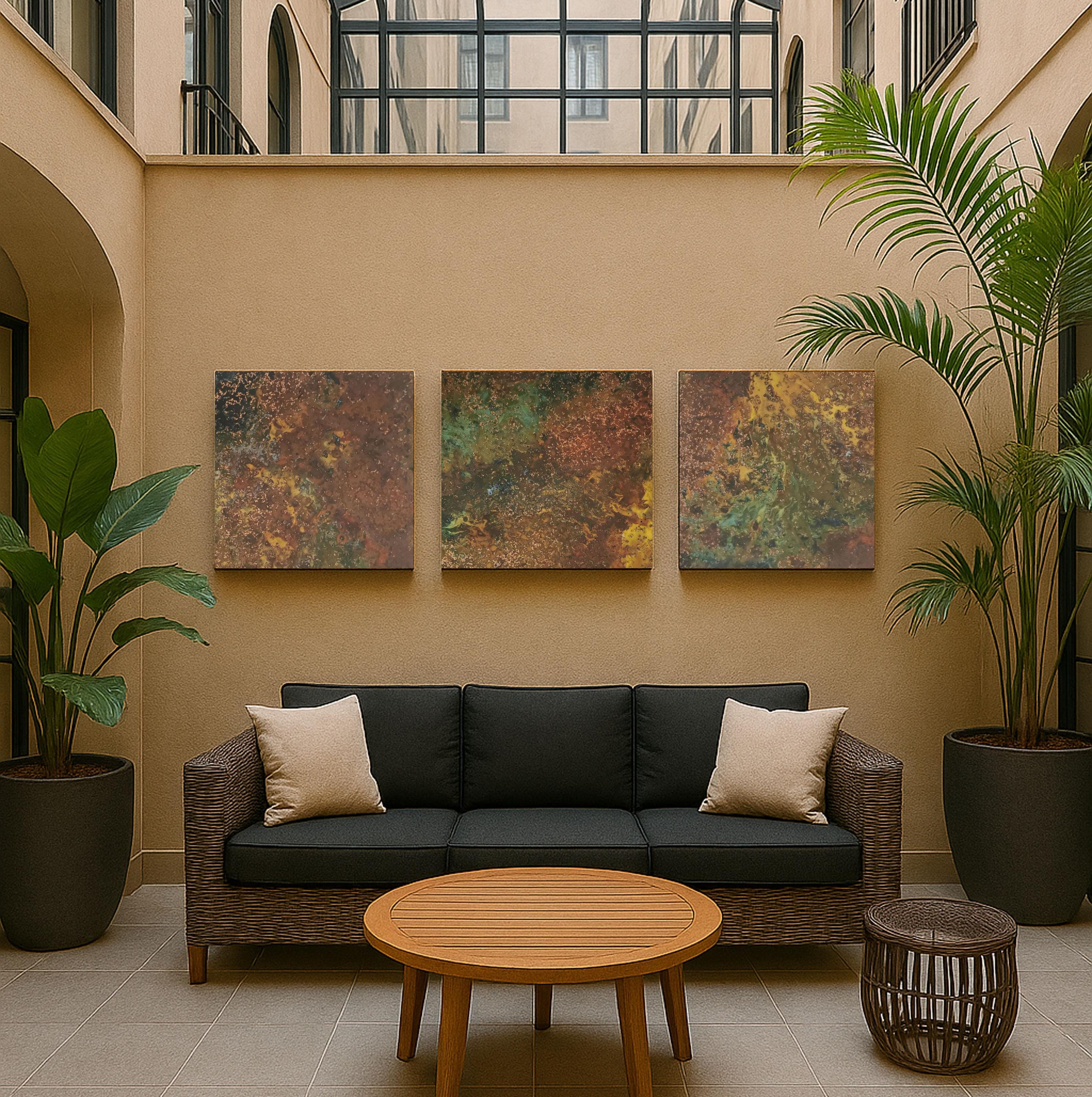 Real Copper Wall Art – 3 Panel Patina Metal Artwork – Savage Copper Bloom – Modern Rustic Statement Decor Wall Hanging