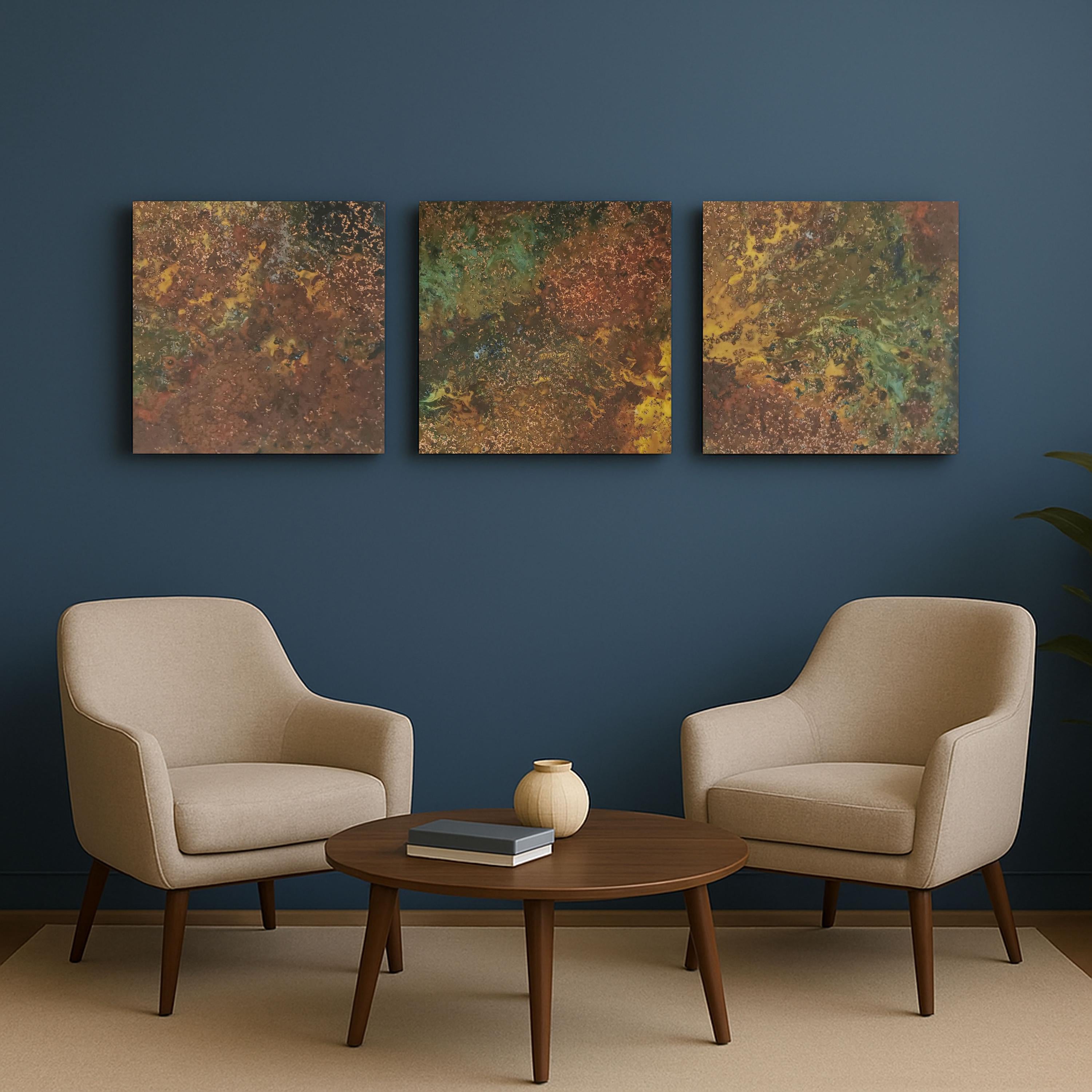 Real Copper Wall Art – 3 Panel Patina Metal Artwork – Savage Copper Bloom – Modern Rustic Statement Decor Wall Hanging