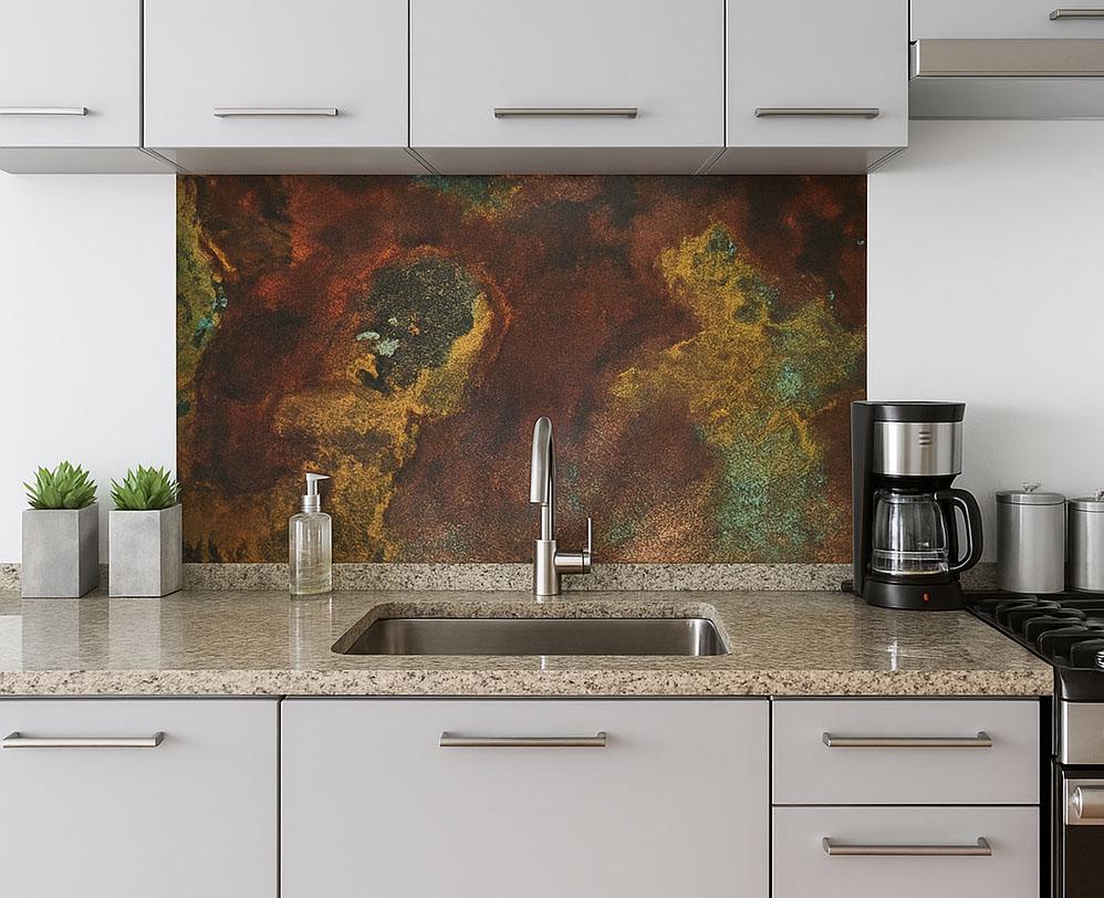 Miedziany panel ścienny Savage Copper Bloom jako backsplash do kuchni