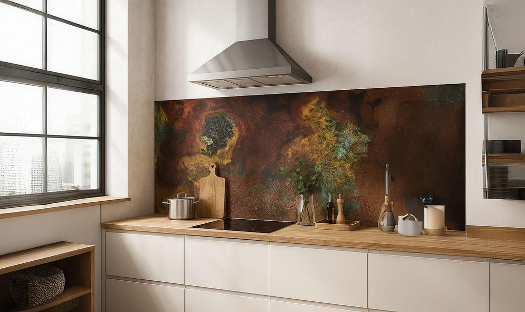 Backsplash z prawdziwej miedzi Savage Copper Bloom za kuchenką