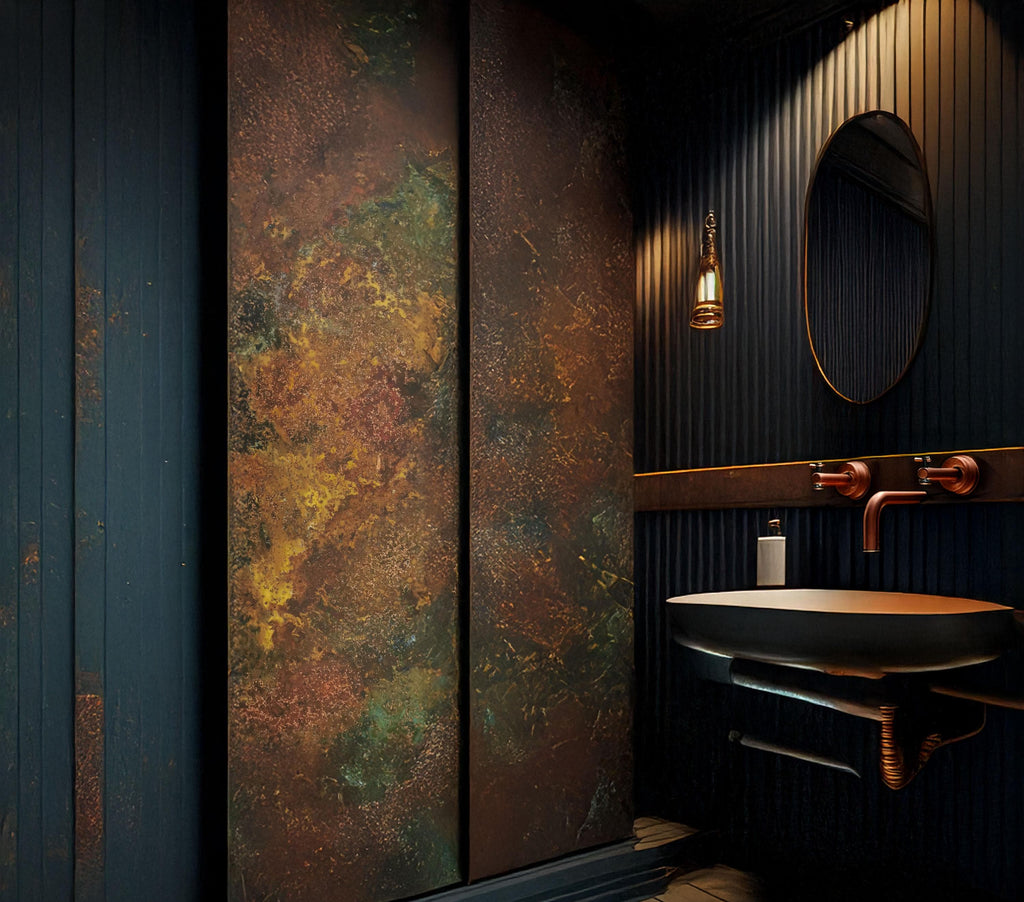 Patynowany panel ścienny z prawdziwej miedzi Savage Copper Bloom w eleganckiej łazience