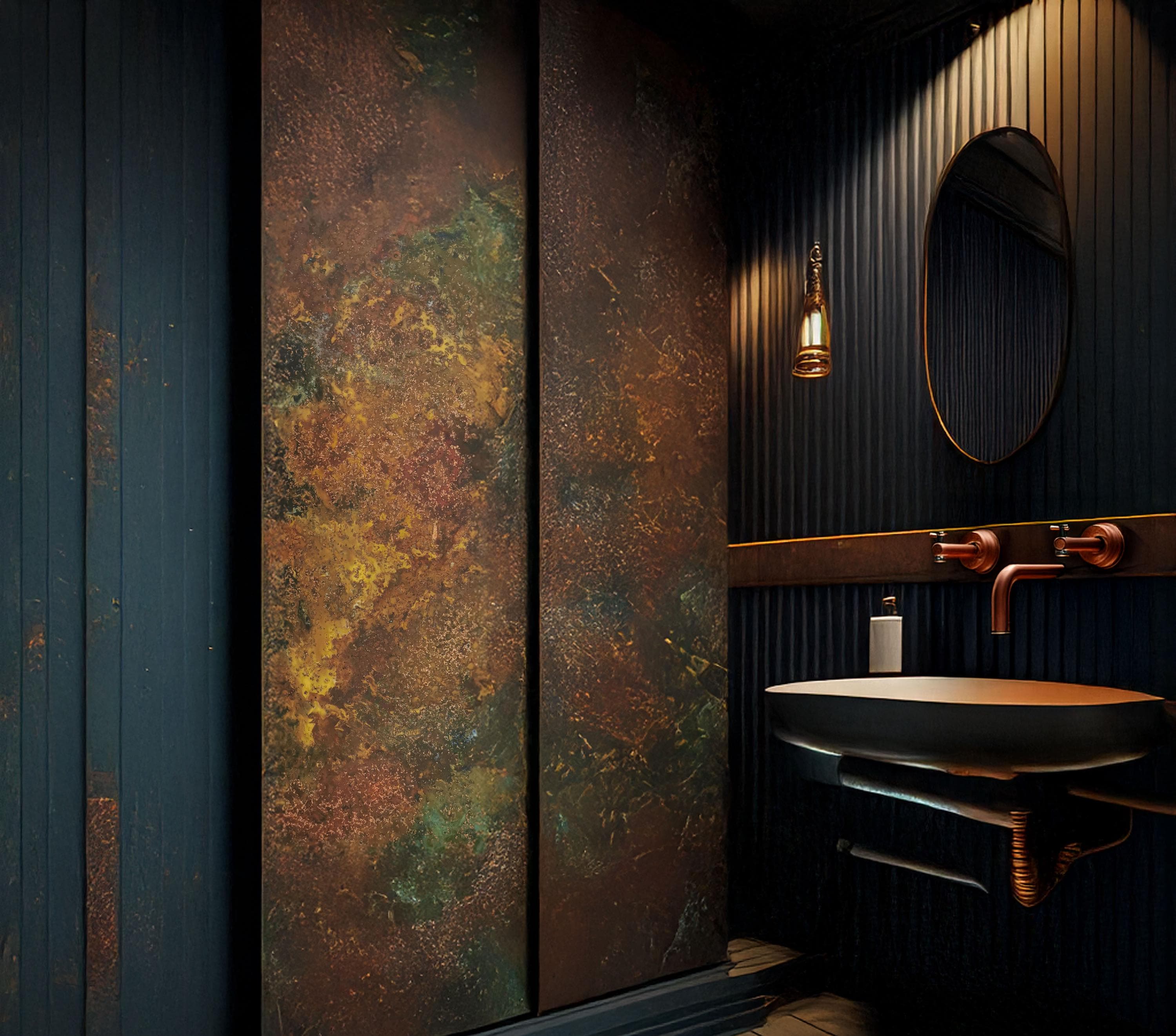Patynowany panel ścienny z prawdziwej miedzi Savage Copper Bloom w eleganckiej łazience